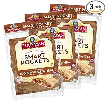 Toufayan Whole Wheat Smart Pockets Pita Bread | Pre-Cut & Scored Sandwich Pockets | Soft, Vegan, Kosher (3 Packs, 18 Total)