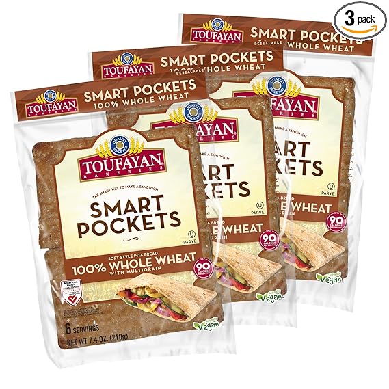 Toufayan Whole Wheat Smart Pockets Pita Bread | Pre-Cut & Scored Sandwich Pockets | Soft, Vegan, Kosher (3 Packs, 18 Total)