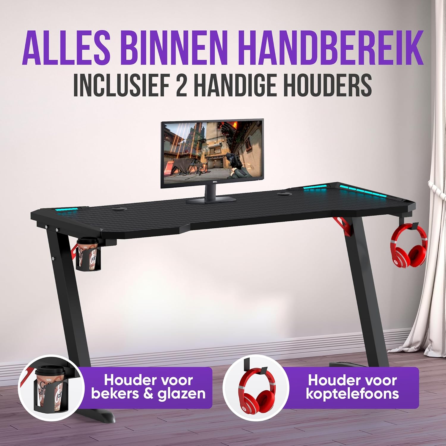 Avalo Gaming Desk showing the attached cup holder and headphone hook, with a monitor on the desk