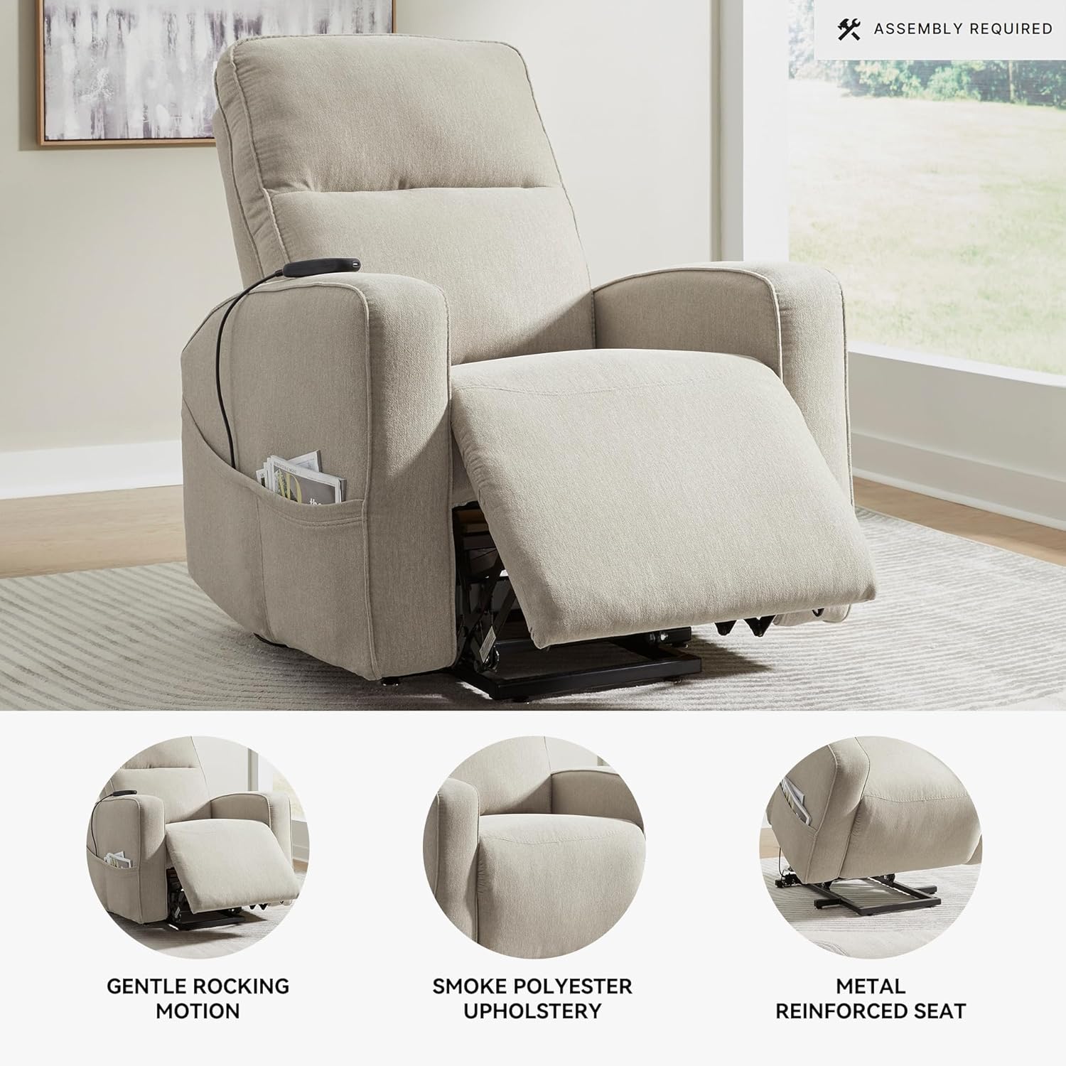 Signature Design by Ashley Starganza Modern Power Lift Recliner with Heat, Massage and Side Pocket, Light Gray