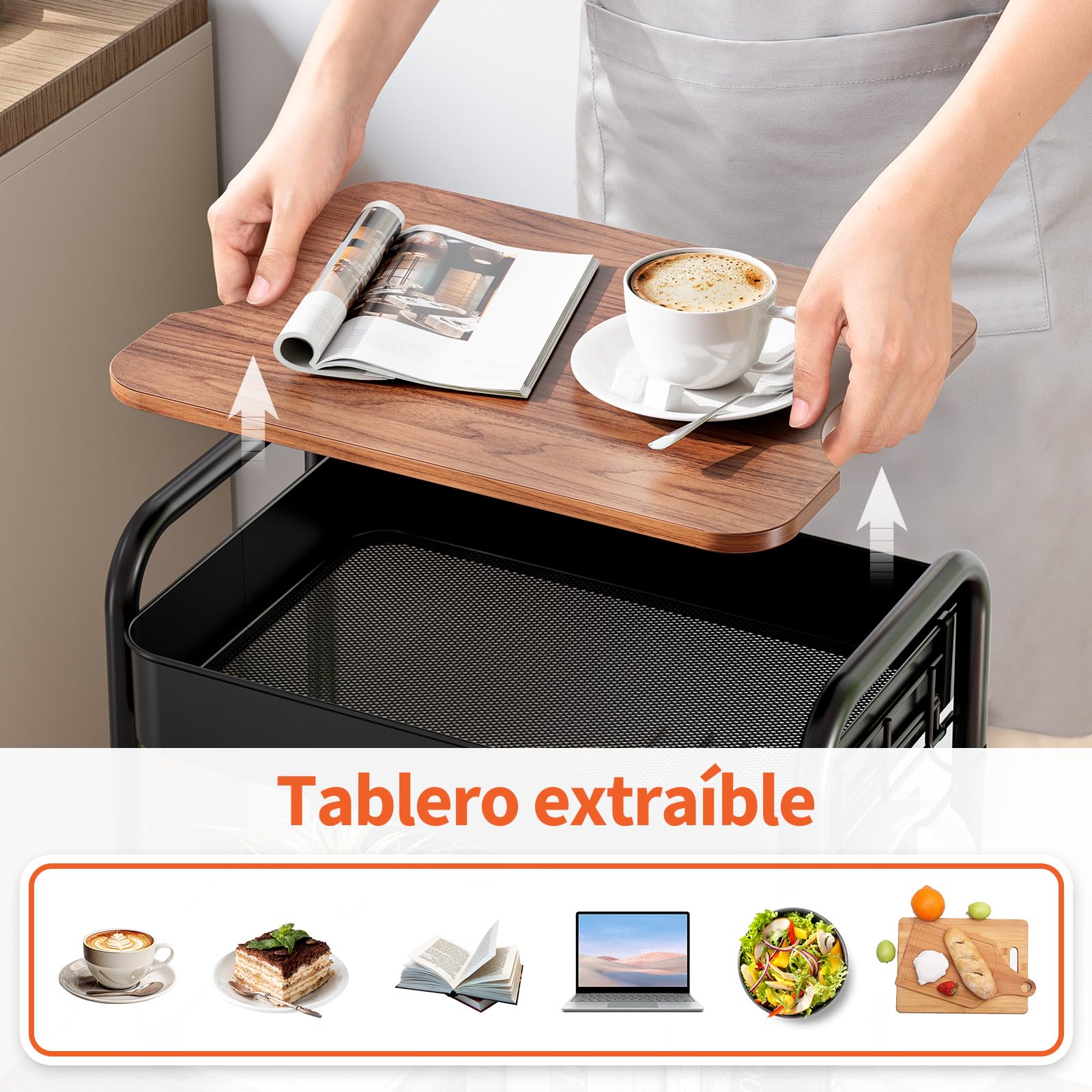 KINGRACK - Carrito de almacenamiento de 3 niveles de metal con ruedas y superficie de trabajo de madera extraíble, mesa con cubierta, carrito para belleza, libros, manualidades, té y arte para el