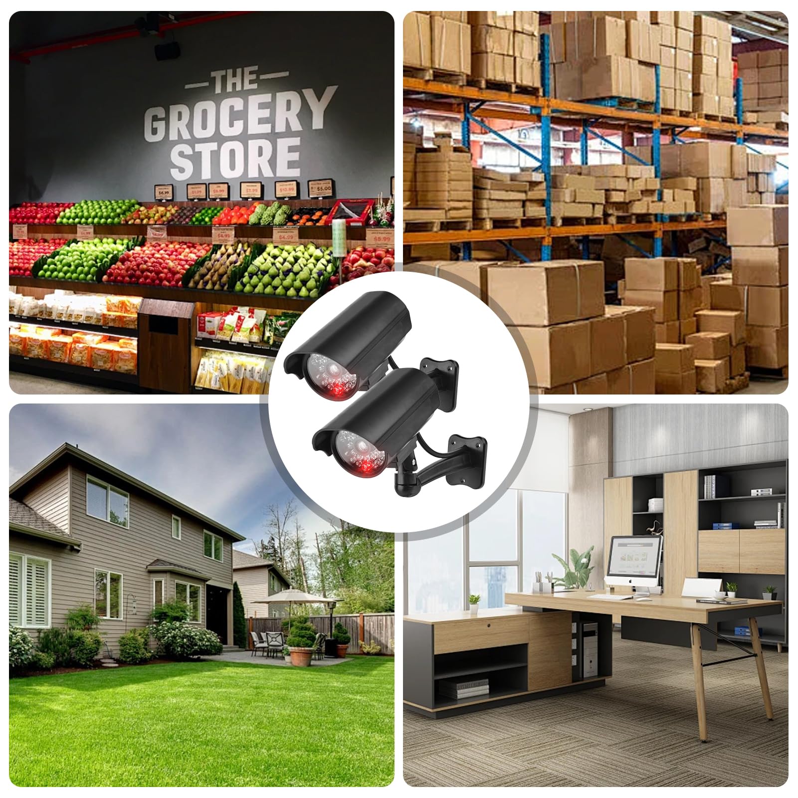 GOMETY Lot de 2 caméras factices extérieures, fausse caméra de sécurité avec LED rouge clignotante, caméra CCTV factice de sécurité pour intérieur et extérieur