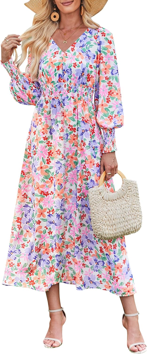 ANRABESS Women's Long Sleeve Floral Maxi Dress Casual V Neck Chiffon Boho Flowy Beach Fall Wedding Guest Party Long Dresses