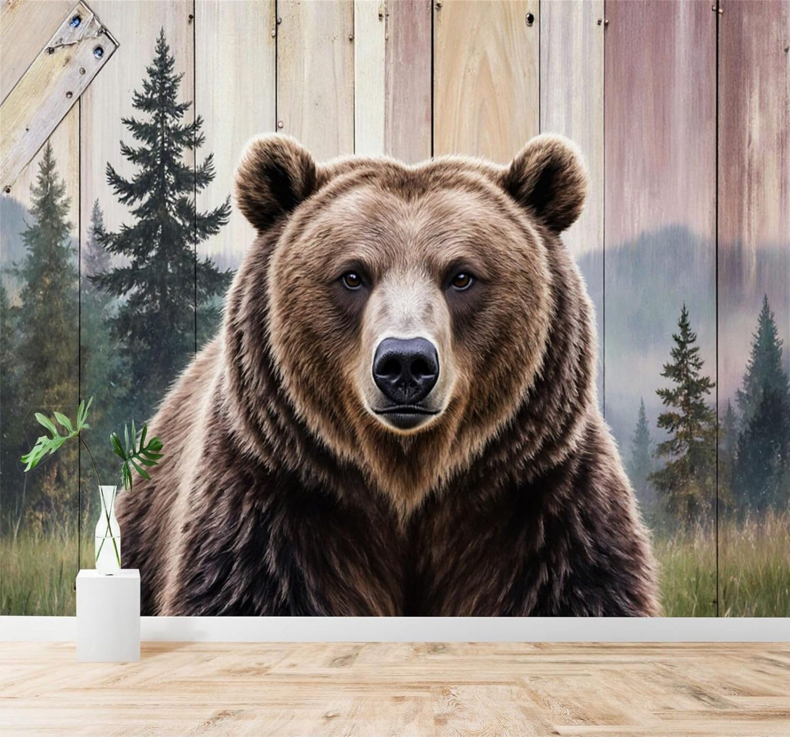 XLMING Three Dimensional Brown Bear Pine Tree Wood Grain 3D Wallpaper Silky Texture Home Study Office Grey Dining Room Sofa Bedroom Living Room TV Backdrop-300cm×210cm