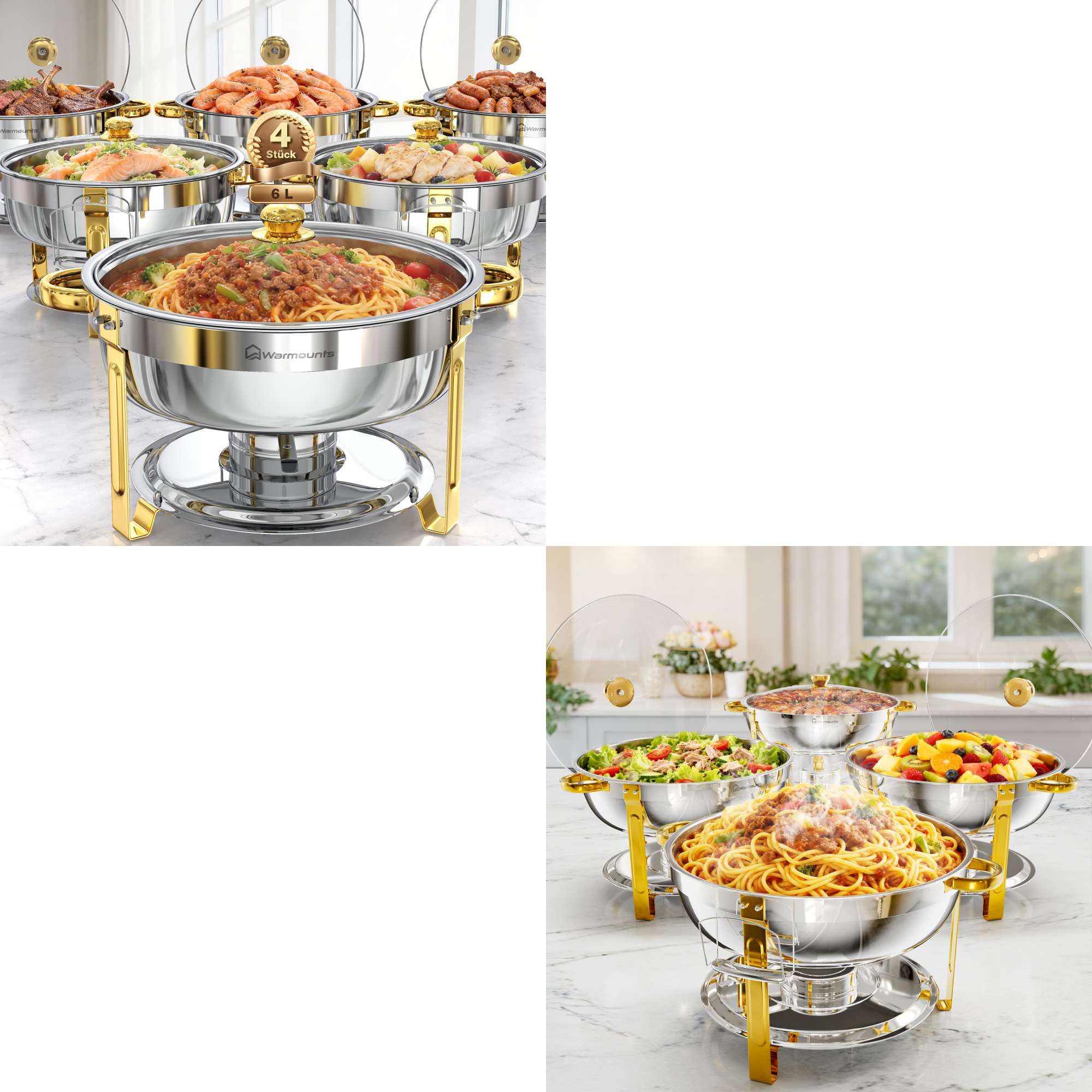 WARMOUNTS Chafing Dish 4er Set 7,5L + 6L Gold & Silber, Speisenwärmer Buffet Rund Edelstahl mit Glasdeckel, Warmhaltebehälter Stapelbar Catering Rechaud mit Deckelhalter für Gastronomie, Partys & Even