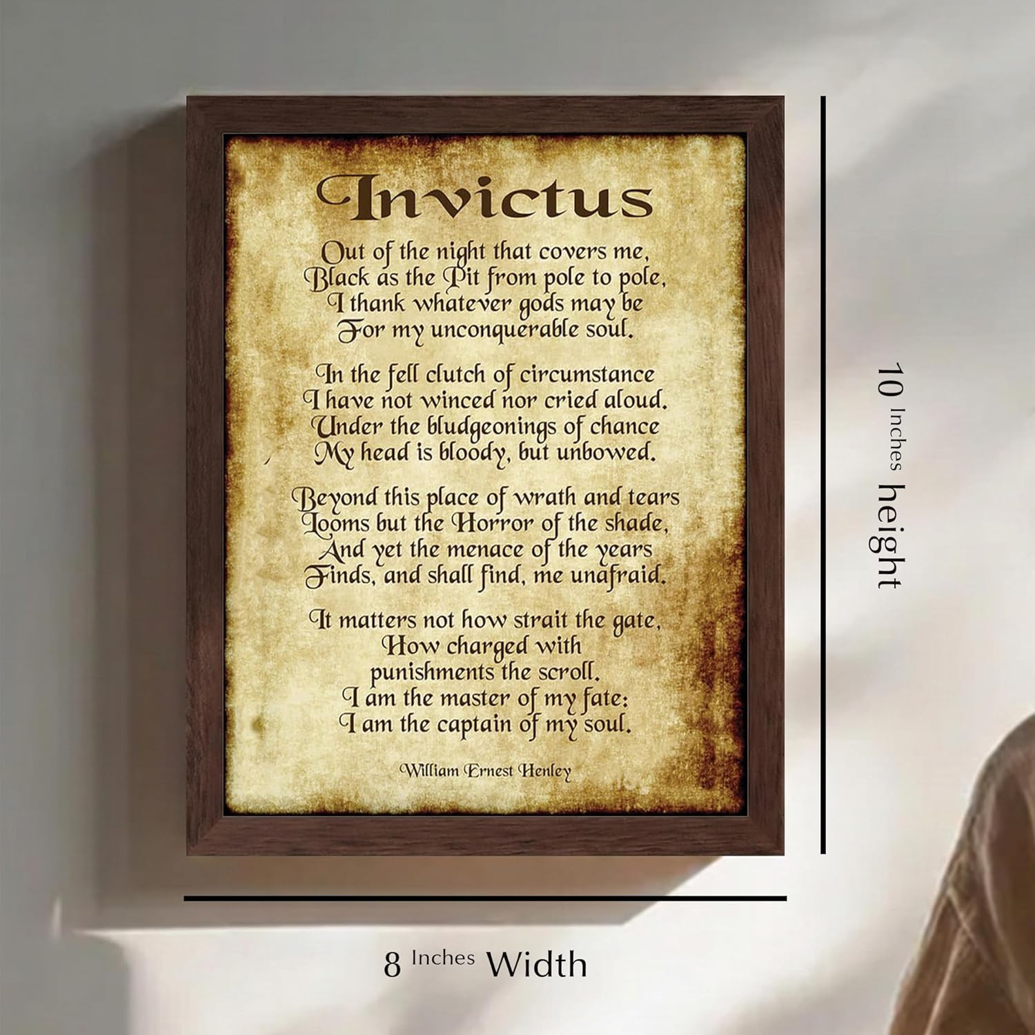 Poem Wall Art by William Ernest Henley – Inspirational Poster Print on Distressed Parchment, Motivational Home Decor for Living Room & Office (Brown Framed, 8 x 10 inches)