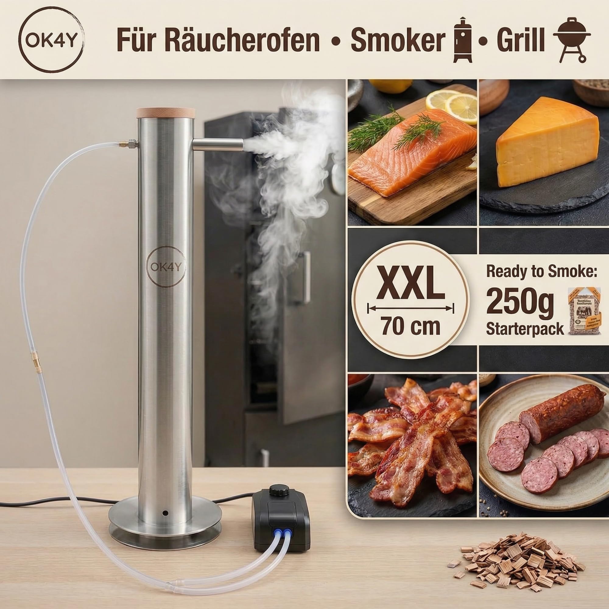 Generador de humo frío XXL – Acero inoxidable 4,3 L, 70 cm para ahumar, ahumar y barbacoa – Perfecto para pescado, carne, queso y salchichas – Ahumadores en frío profesionales en casa con chips