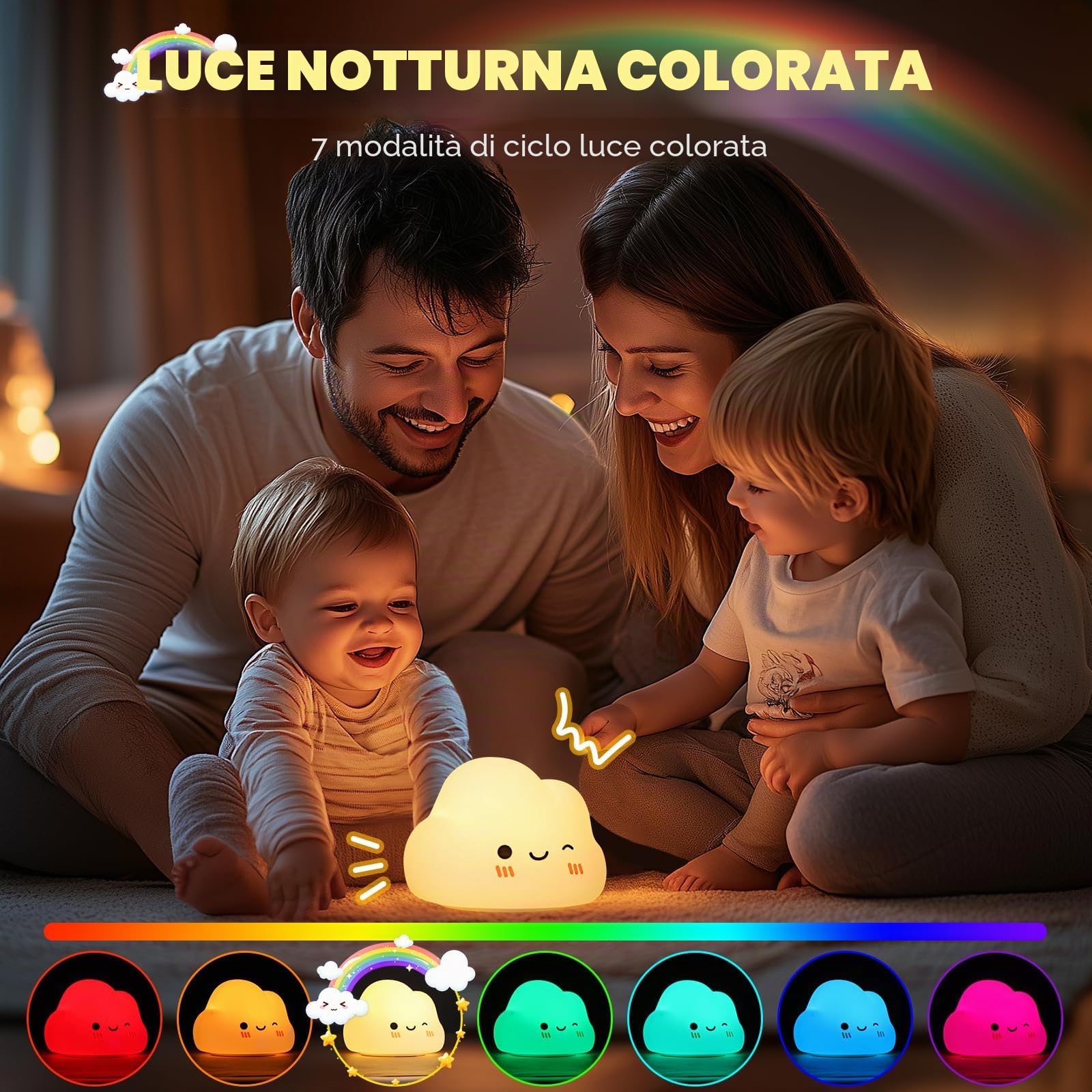 Diboniur Luce Notturna Bambini, Luce Notturna Neonato Ricaricabile, 7 Colori 3 Luminosità, Silicone Lampada Notturna per Bambini, Deco Cameretta Bambina (Nuvole)