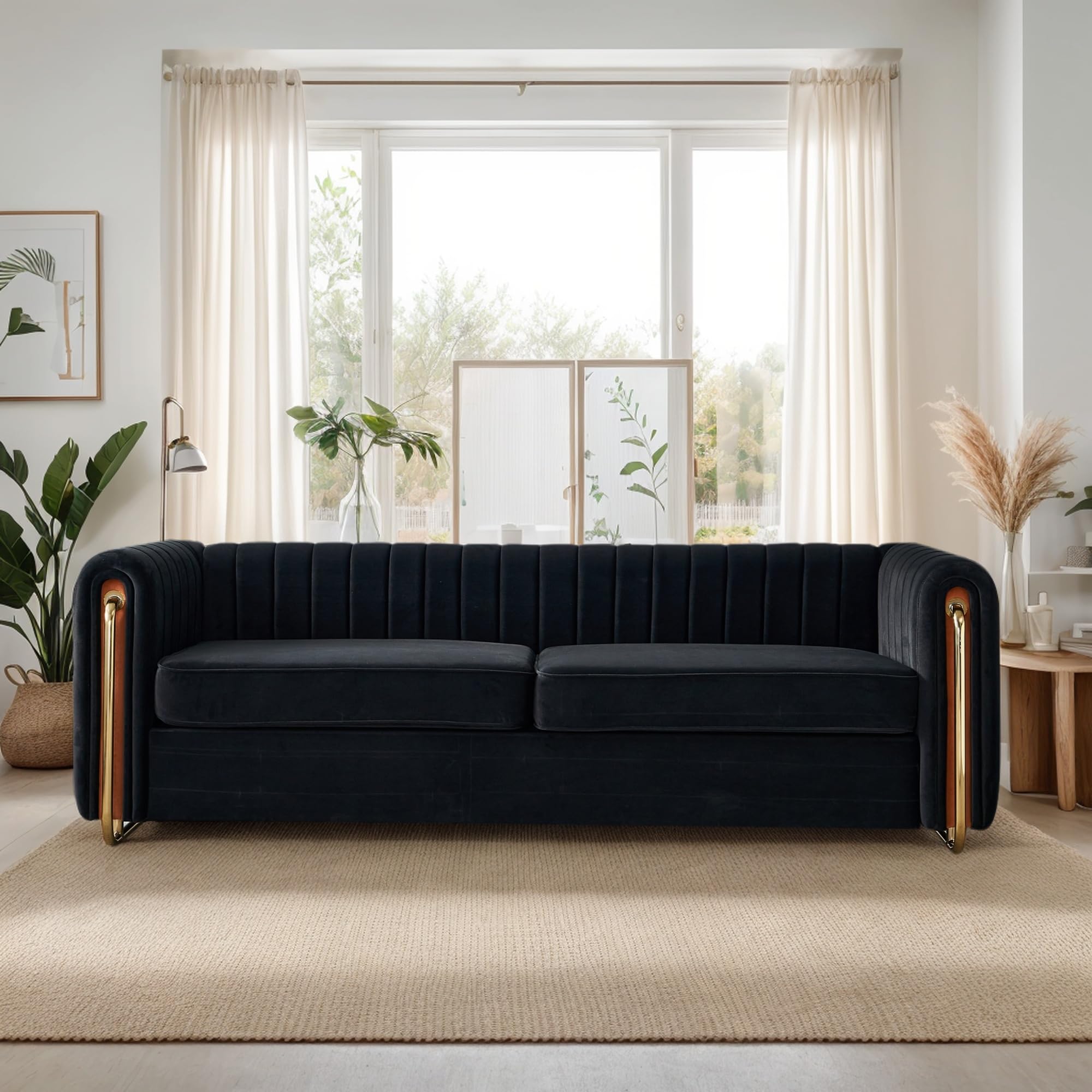 KEIKI 84" Velvet Deep Channel Tufted Sofa with Back Cushions and Rolled Arms, Modern Style 3-Seater Couch with Golden Polished Steel Legs, Easy Assembly, for Living Room, Bedroom, Office, Black
