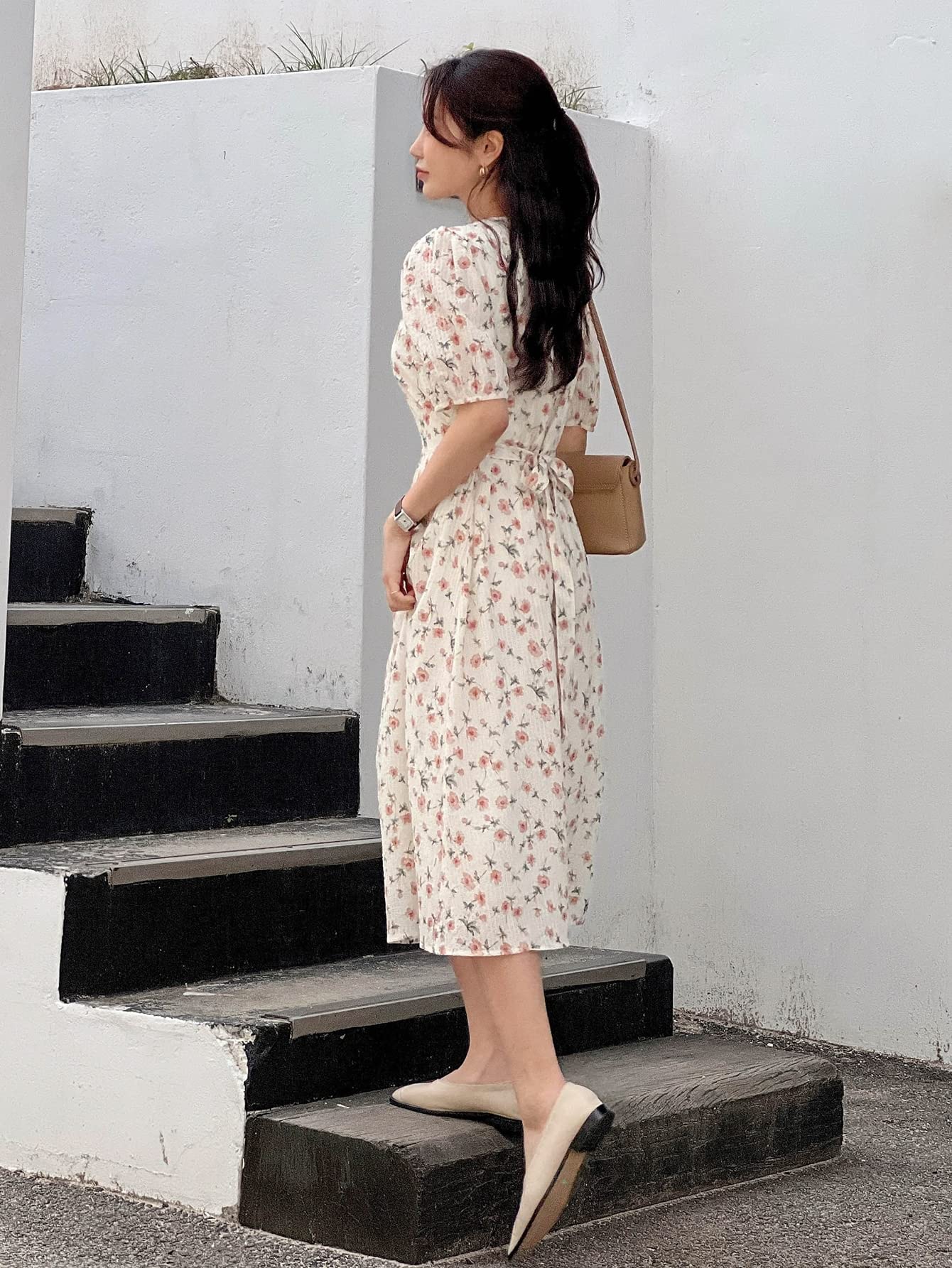 beige ditsy floral dress ZhiHiMeRi Women's Beige Ditsy Floral Print Dress Smocked Square Neck with Ruffle Short Sleeves for Summer, XL