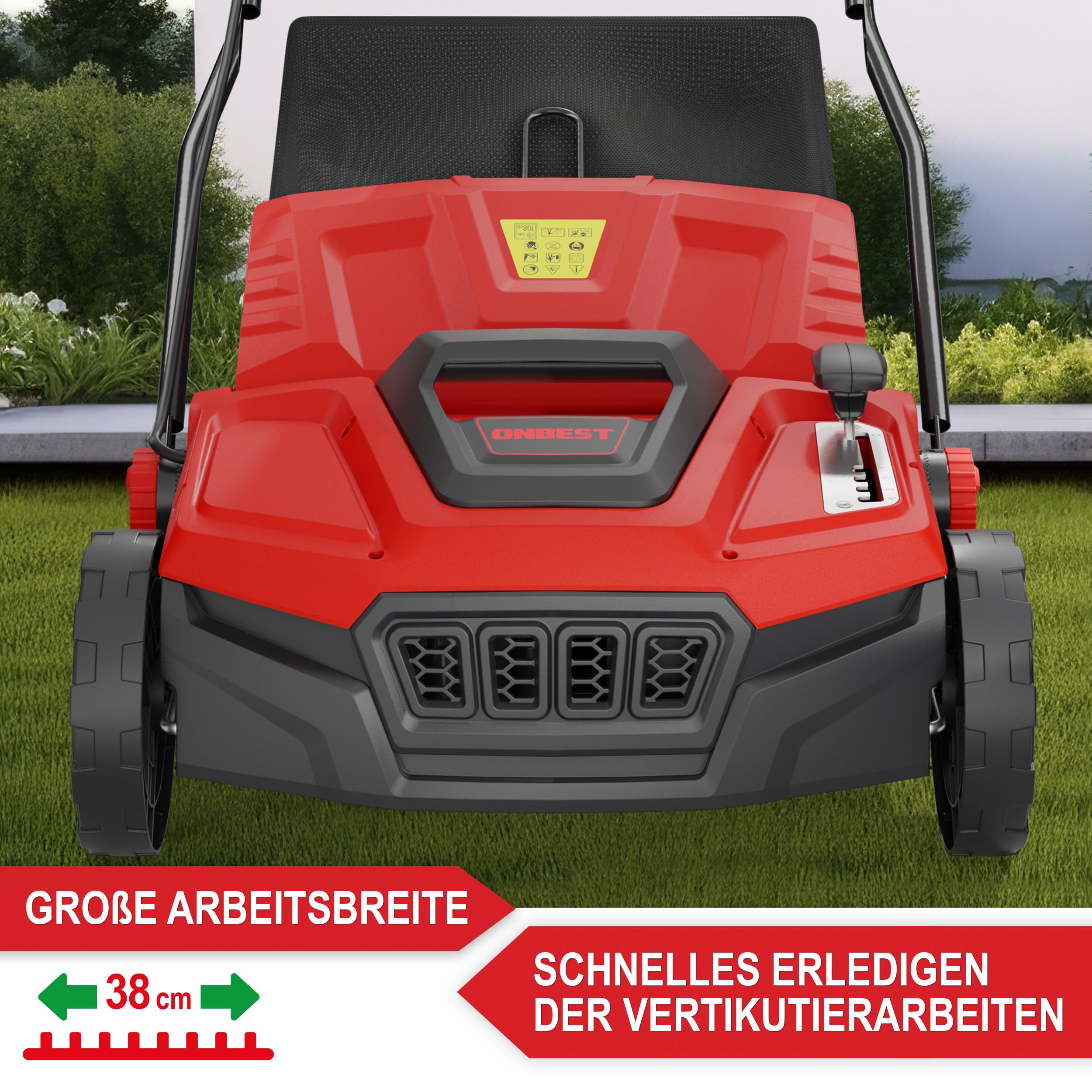 ONBEST 2in1 Elektro Vertikutierer 1800 W – 38 cm mit Fangkorb | Rasenvertikutierer mit Vertikutier- & Lüfterwalze, 45 L Fangkorb – entfernt Moos, Unkraut und Rasenfilz
