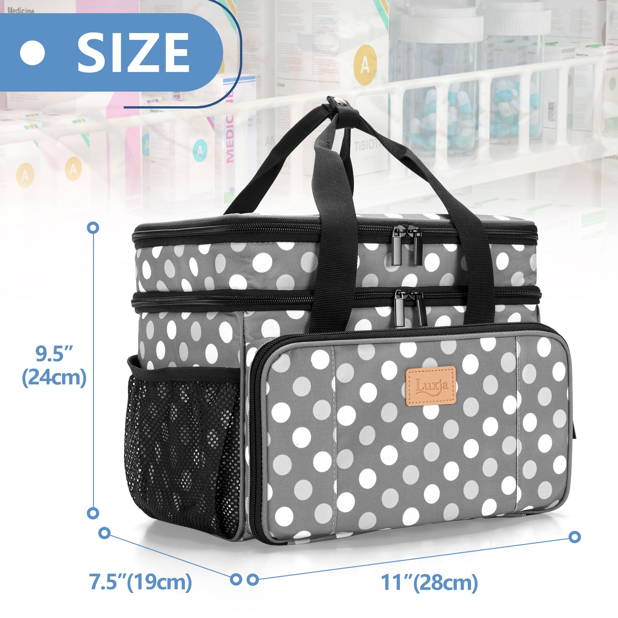 Luxja Sac de Médecine 2 Couches avec Séparateur Amovible, Sac de Rangement de Médicaments Convient pour Maison ou Voyages (Sac Seulement), Points Gris