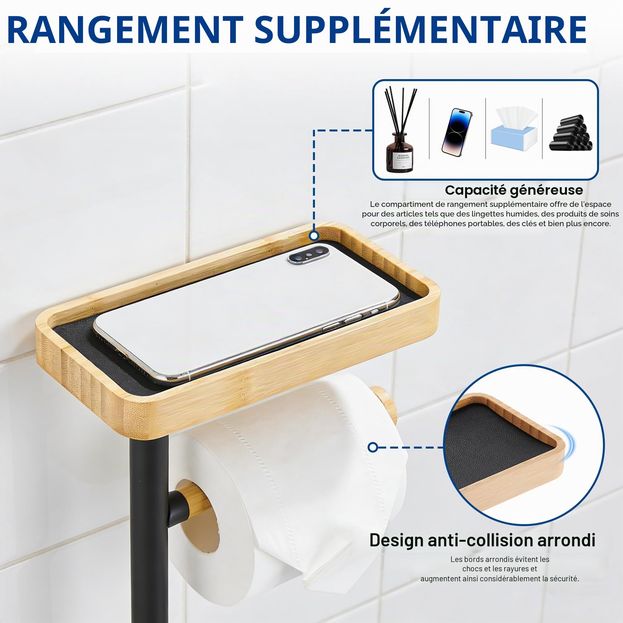 Porte Papier Toilette sur Pied avec Brosse WC Support Papier WC Rangement sans Percage pour 4 Rouleaux, Bois Noir, Carré