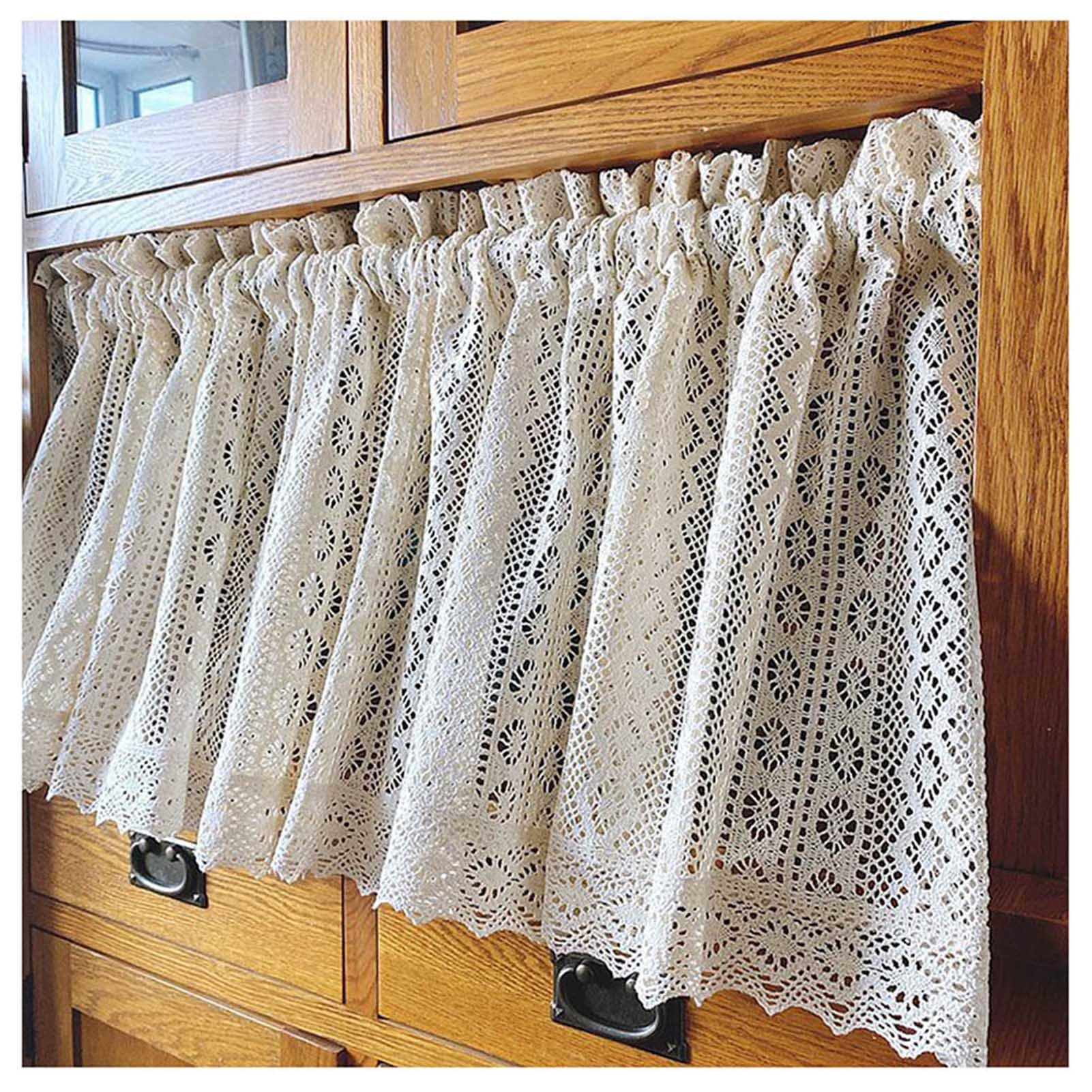 Tenda Corta Boho per Finestra Della Cucina, Pannello per Finestra All'Uncinetto Geometrico da Fattoria, Tenda Beige con Tasca per Asta in Stile Rurale per Soggiorno, Camera, Armadio(W200xH90cm/W79xH35