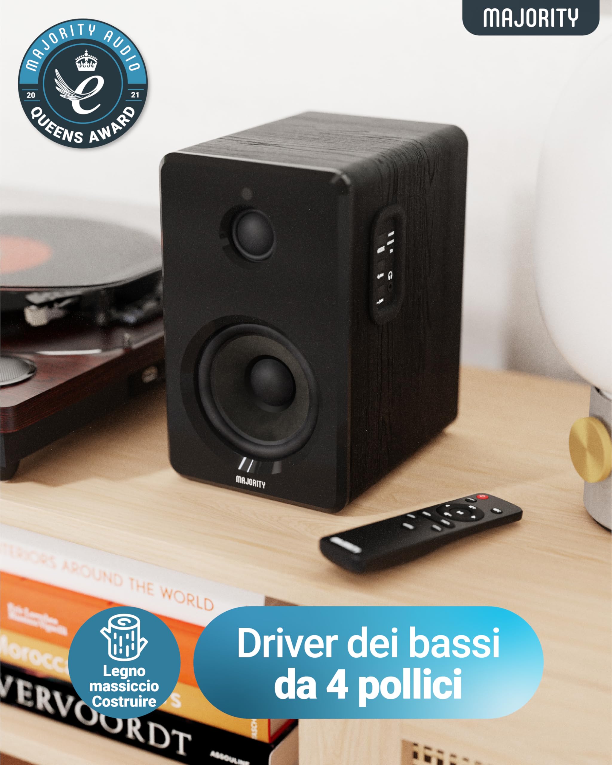 Majority 60W Casse Attive Bluetooth | Casse Acustiche HIFI con Driver da 4'' a 2.0 Canali | Altoparlante PC di Legno con Ingresso Ottico, USB e AUX per il Suono HD D40