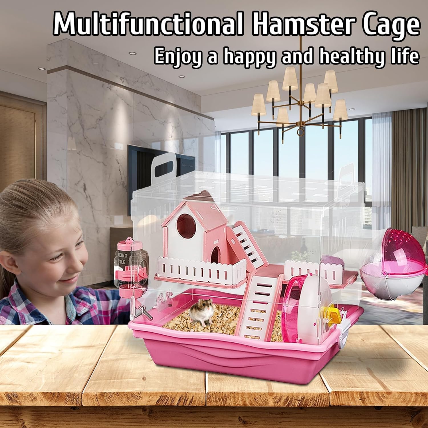 Cage Pour Hamster 2 étages En Acrylique Transparent - 47x30x37 Cm Avec Accessoires (roue, Maison, Biberon…) - Pour Hamster, Gerbille, Souris - 13