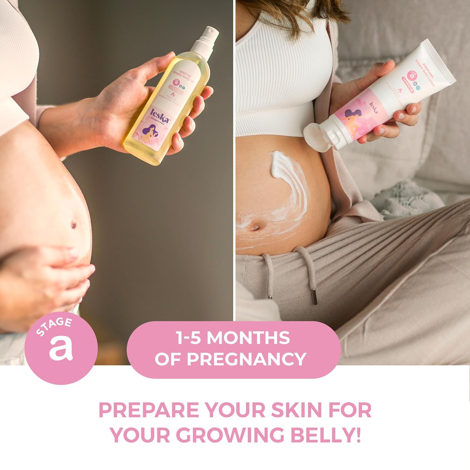Leska Maternity Gift Set | Belly Lotion, Belly Oil, Stretch Mark Defense Cream & Belly Butter, Toning Gel | All-Stages Skincare for Pregnancy & Postpartum | New Mom Gifts (Set of 5, 4-4.93oz each) - Image 4
