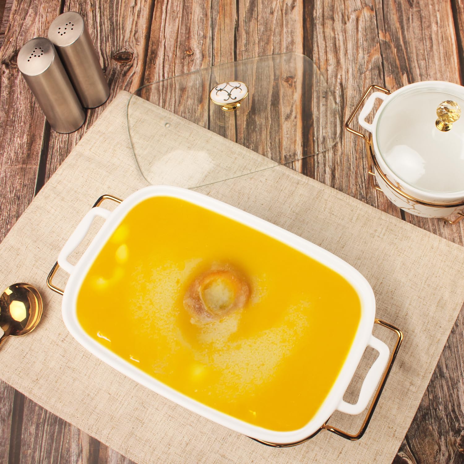 Plat à gratin en porcelaine avec couvercle en verre et grille - 2200 ml - Plat à soupe pour buffet - Plat à gratin pour conserver les aliments pour les fêtes