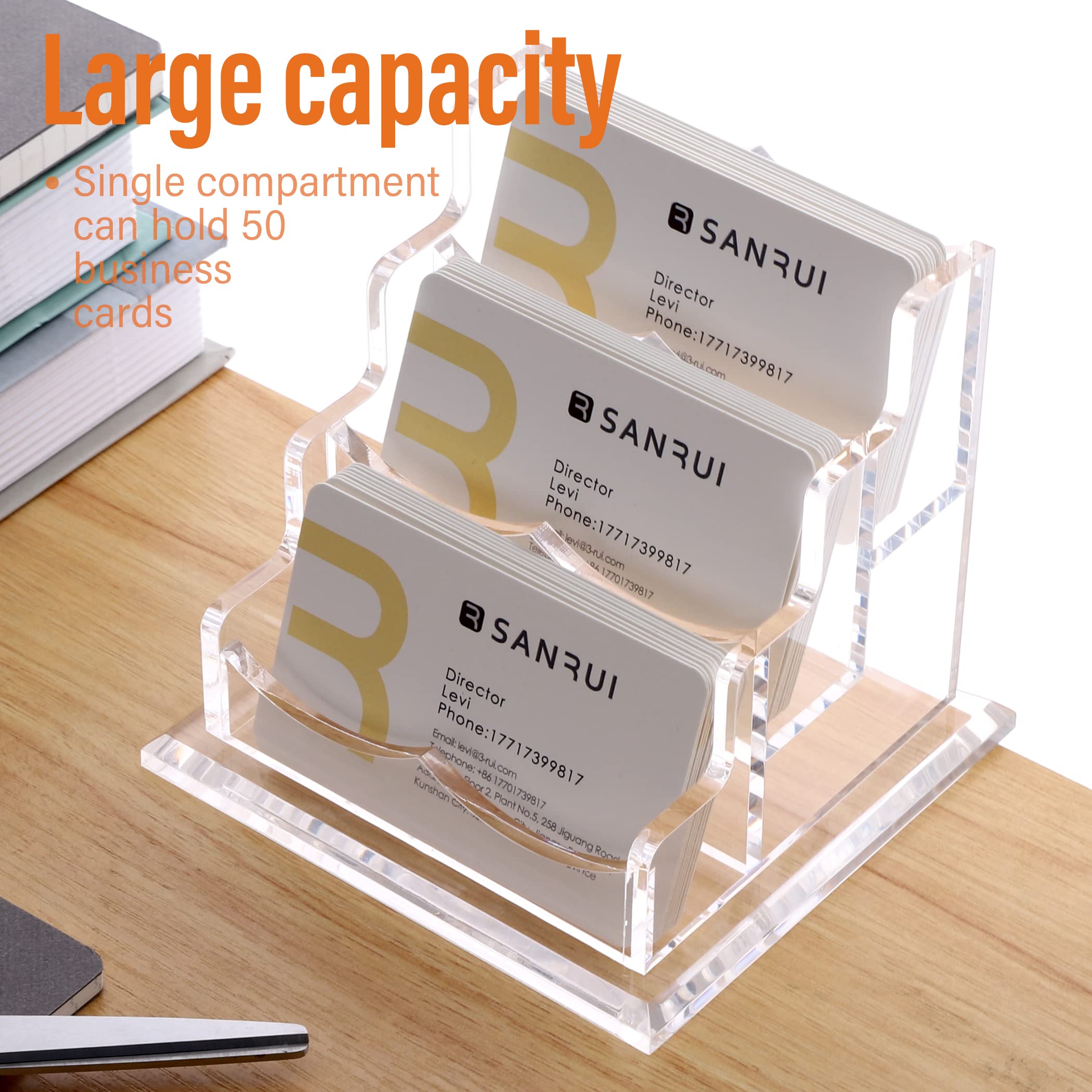SANRUI Clear Acrylic Business Card Holder Stand, 3 Tier 3 Pocket, 180 Card Capacity, Transparent - Image 4