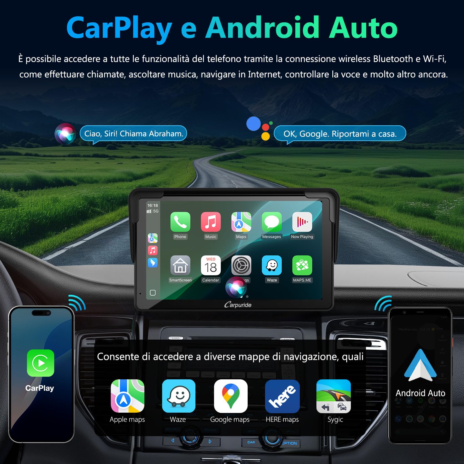 Schermo Carplay portatile, Carpuride V3R Wireless Airplay&Android Auto, schermo touchscreen HD da 7 pollici 1080P con telecamera di retromarcia reale 720P/BT 5.0/Mirror Link/riproduzione USB