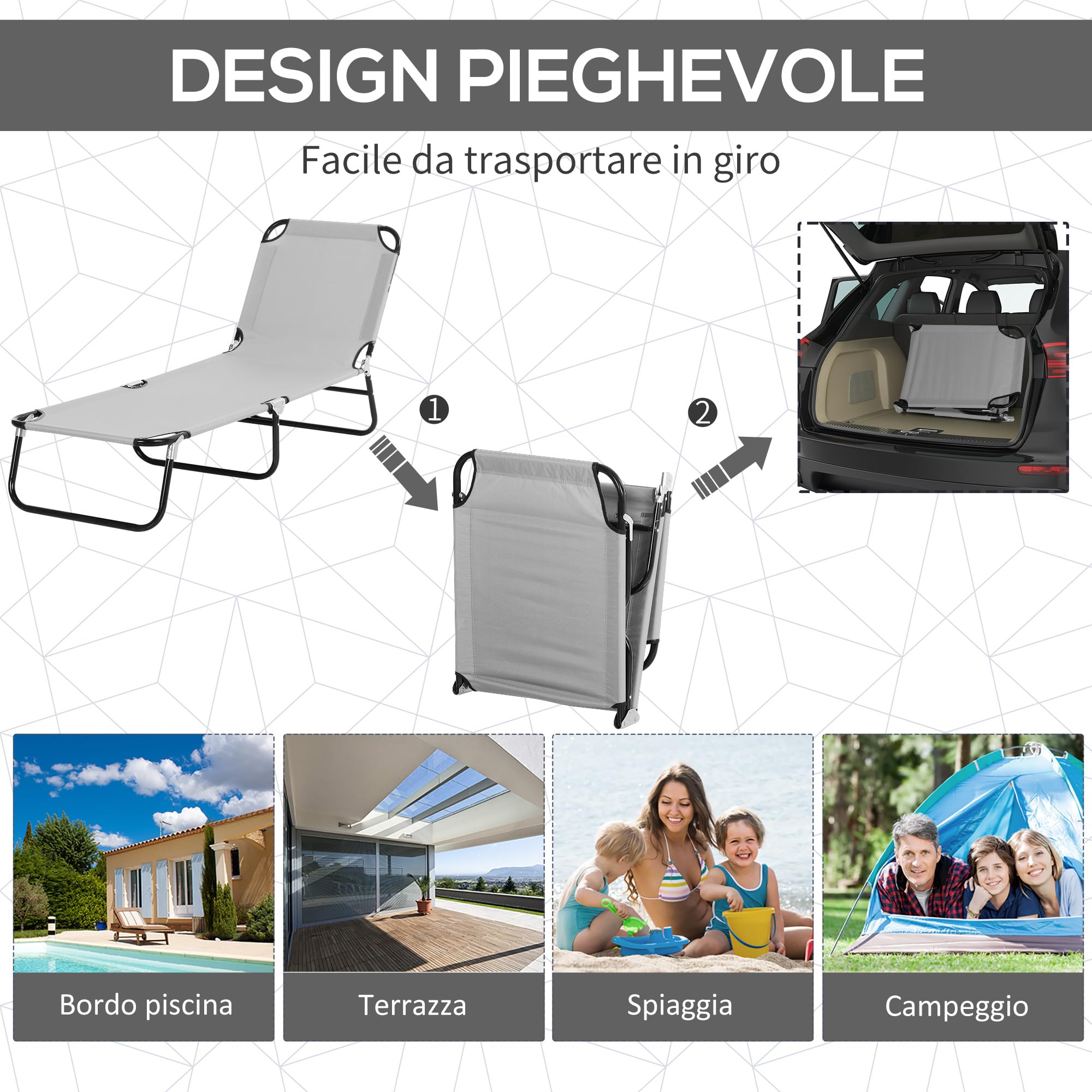 Sdraio Da Giardino Outsunny Con Tettuccio Regolabile - Pieghevole, Reclinabile A 4 Posizioni, Grigio