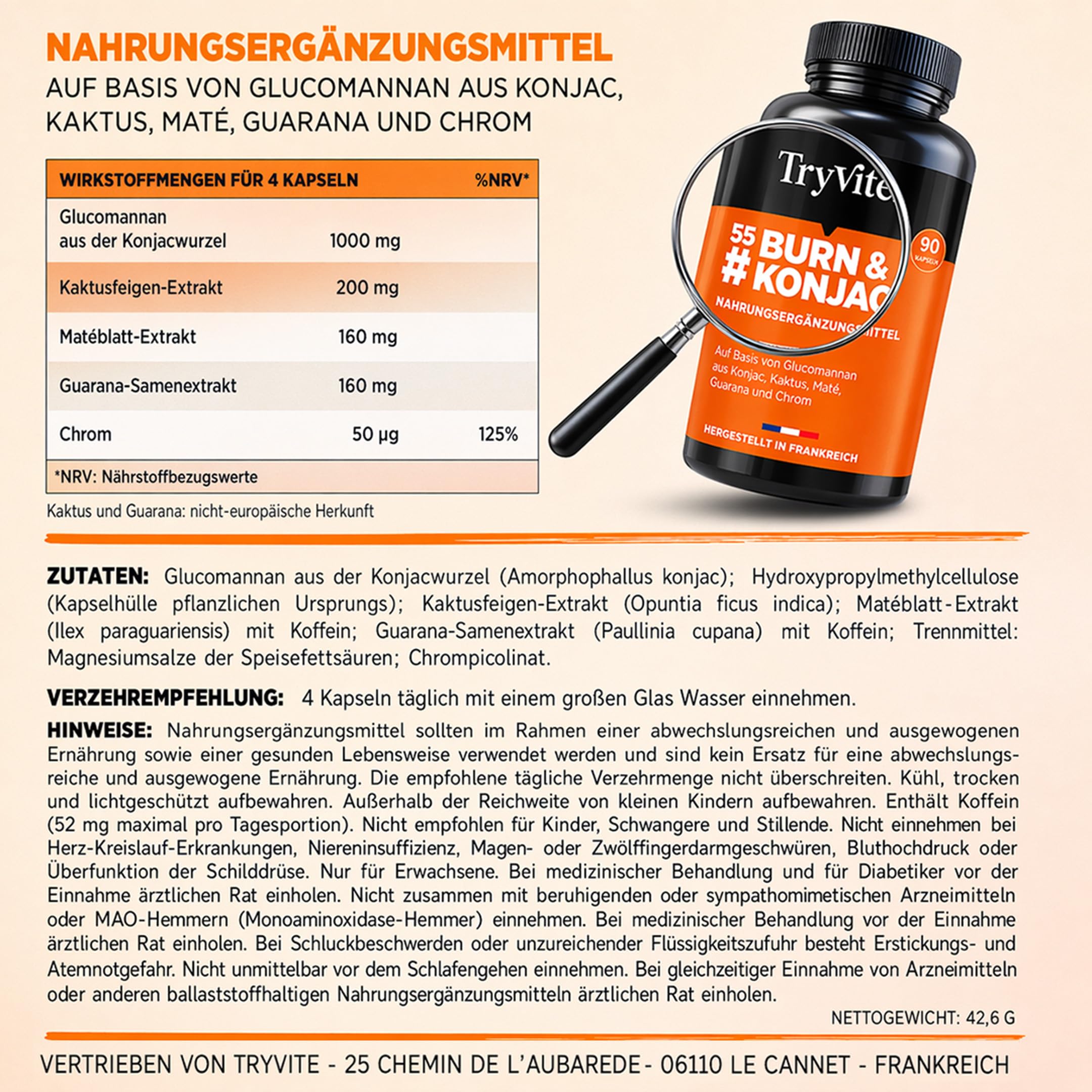 TRYVITE Konjac – Silhouetten-Routine mit Konjak, Nopal, Mate, Guarana & Chrom – Kapseln vor den Mahlzeiten für portionsbewusste Essgewohnheiten – 90 vegane Kapseln