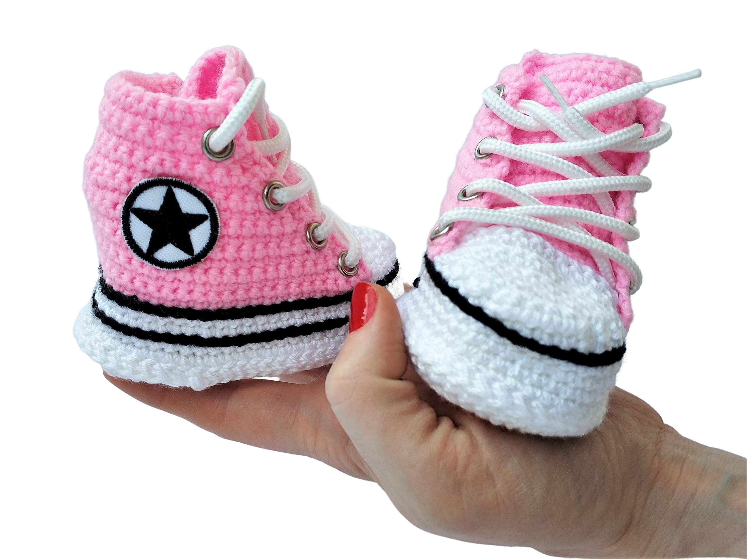 Handmade Crochet Merino Wool Pink Baby Booties Sneakers, Anti-Slip Sole Breathable Organic Cotton Slippers, Newborns Toddlers Soft Booties Wool Socks