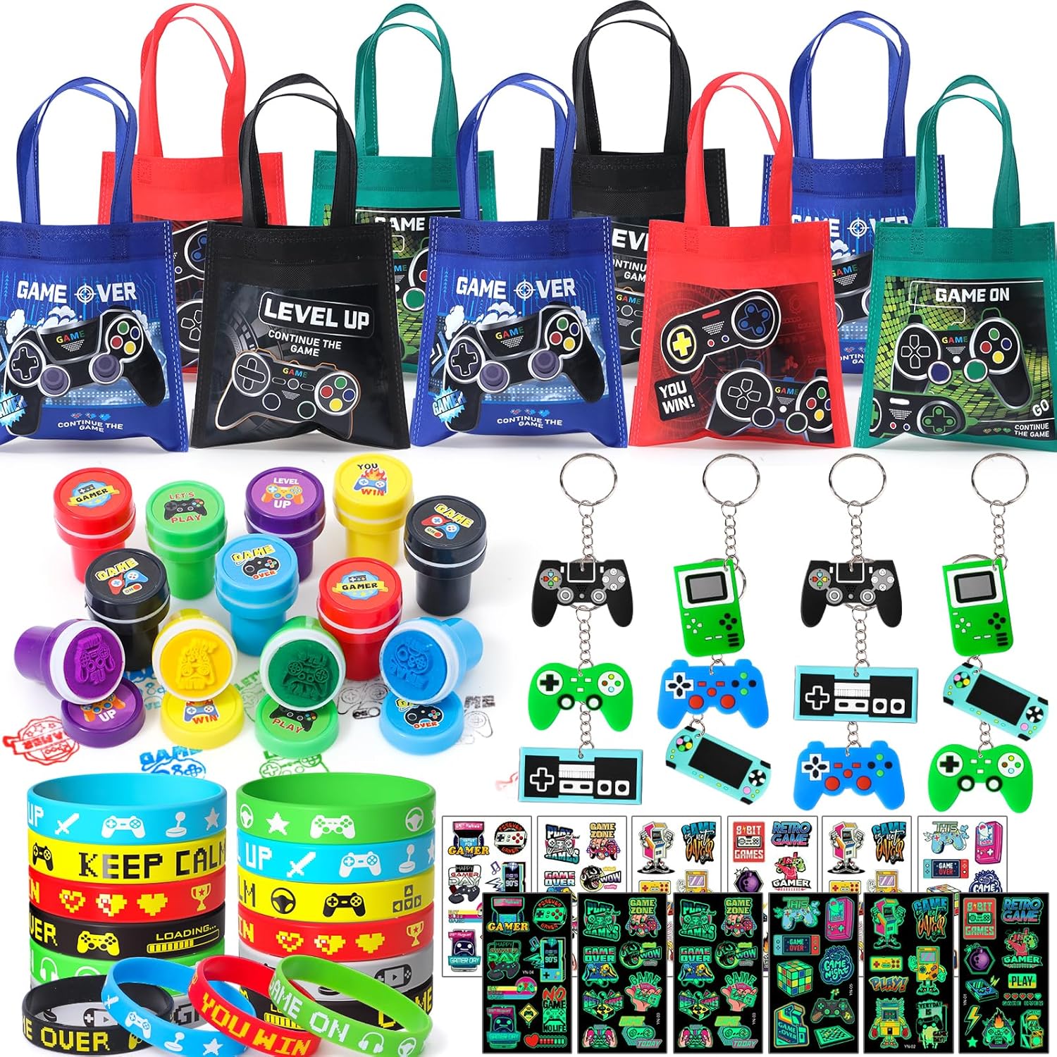 Winrayk Video Game Party Favors Gamer Birthday Supplies for Kids, Non Woven Tote Bag Silicone Bracelet Stamper Glow Sticker Keychain, 12 Sets Game On Goodie Stuffer Filler Girl Boys Gaming Party Decor Winrayk Video Game Party Favors Gamer Birthday Supplies for Kids, Non Woven Tote Bag Silicone Bracelet Stamper Glow Sticker Keychain, 12 Sets Game On Goodie Stuffer Filler Girl Boys Gaming Party Decor