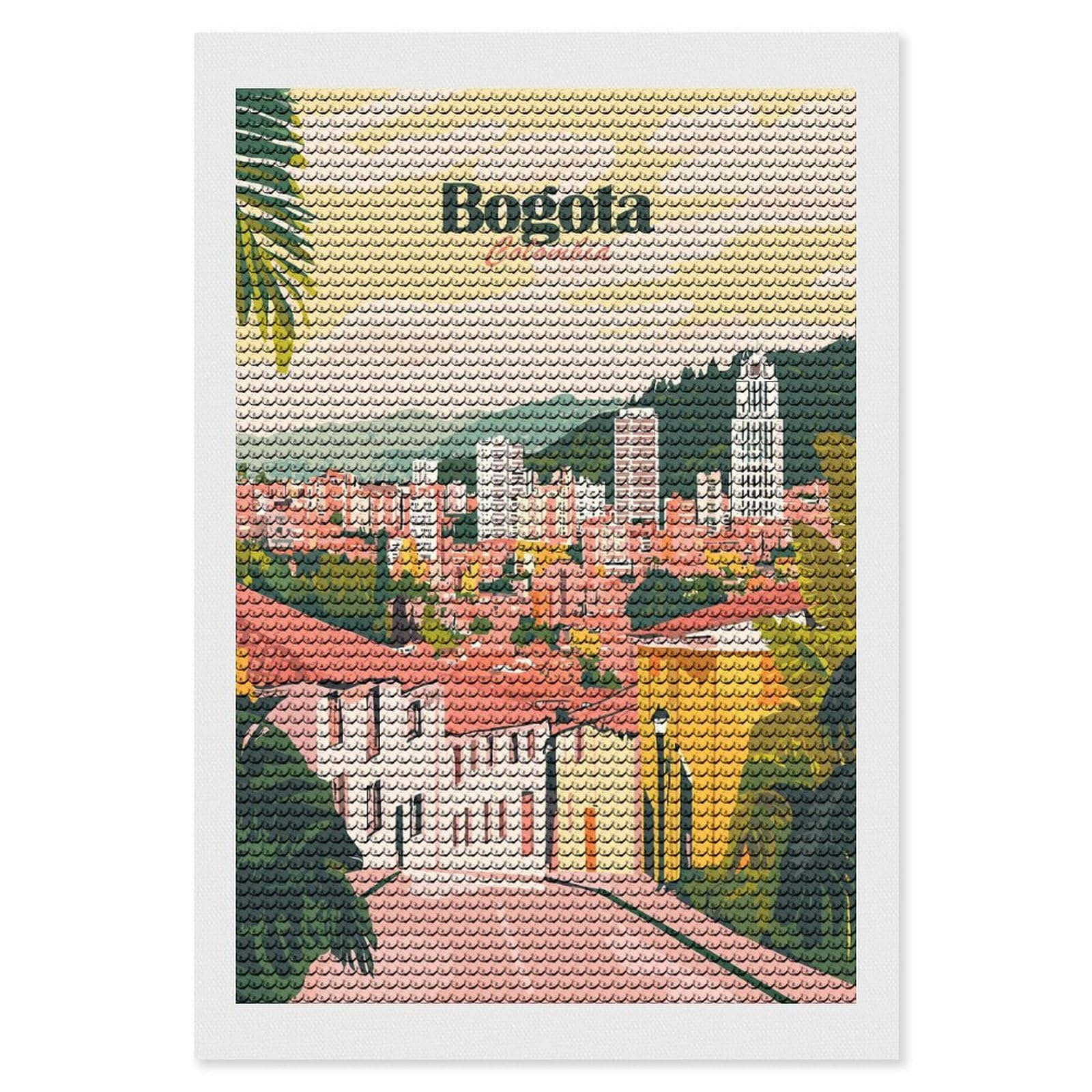 Junmoney Bogota Colombia Travel Diamond Painting Set 8"x12", Full Kit Included, Sparkling Round Gems, Farmhouse Decor, Festive Craft Gift