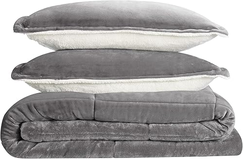 Miniatura 5 de Serta Cozy Plush - Juego de edredón reversible hipoalergénico de 3 piezas, tamaño Queen, color gris