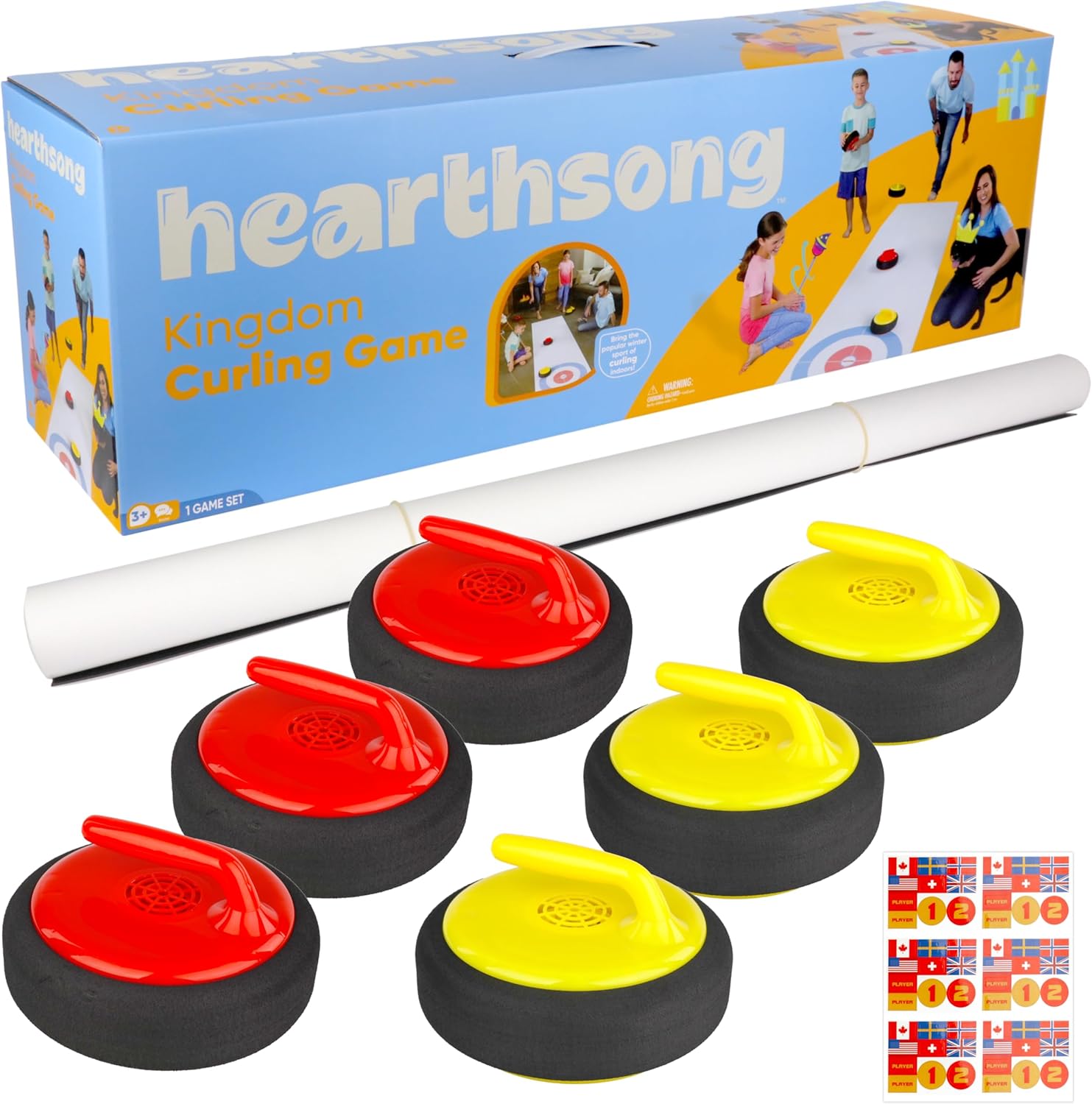 HearthSong Curling Zone – Indoor Battery Operated Hovering Curling Set – Fun Family Game for Kids and Adults – 6 Curling Stones and Floor Mat – Olympic Sport Party Game Equipment – Age 3+