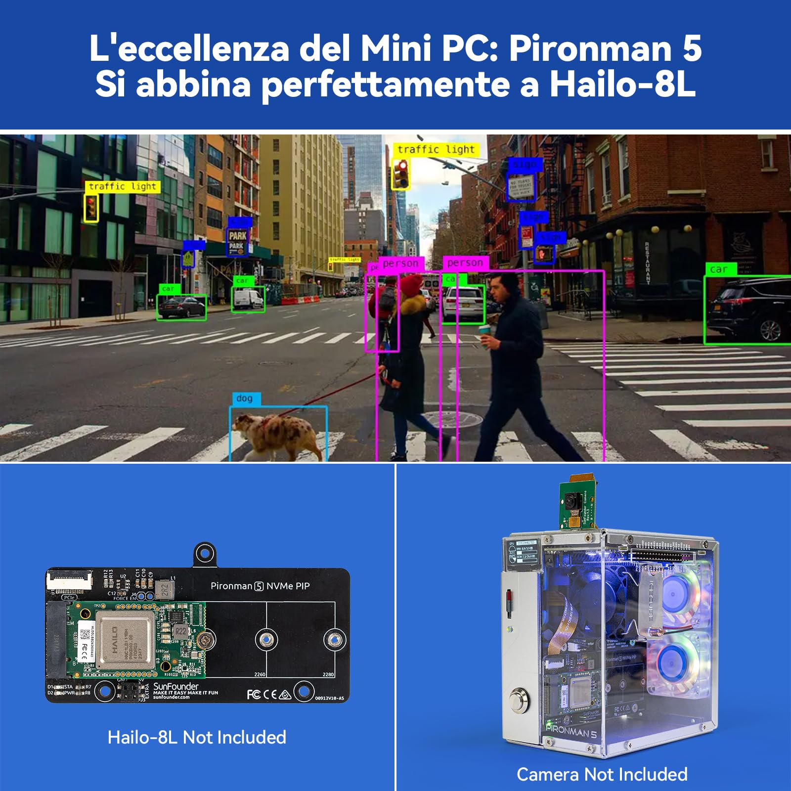 Pironman 5 case Mini PC NVMe M.2 SSD PCIe 2.0/3.0 per Raspberry Pi 5 Hailo-8L, agente AI OpenClaw, dissipatore tower + doppie ventole RGB, modulo OLED 0,96", spegnimento sicuro, HDMI, effetto RGB