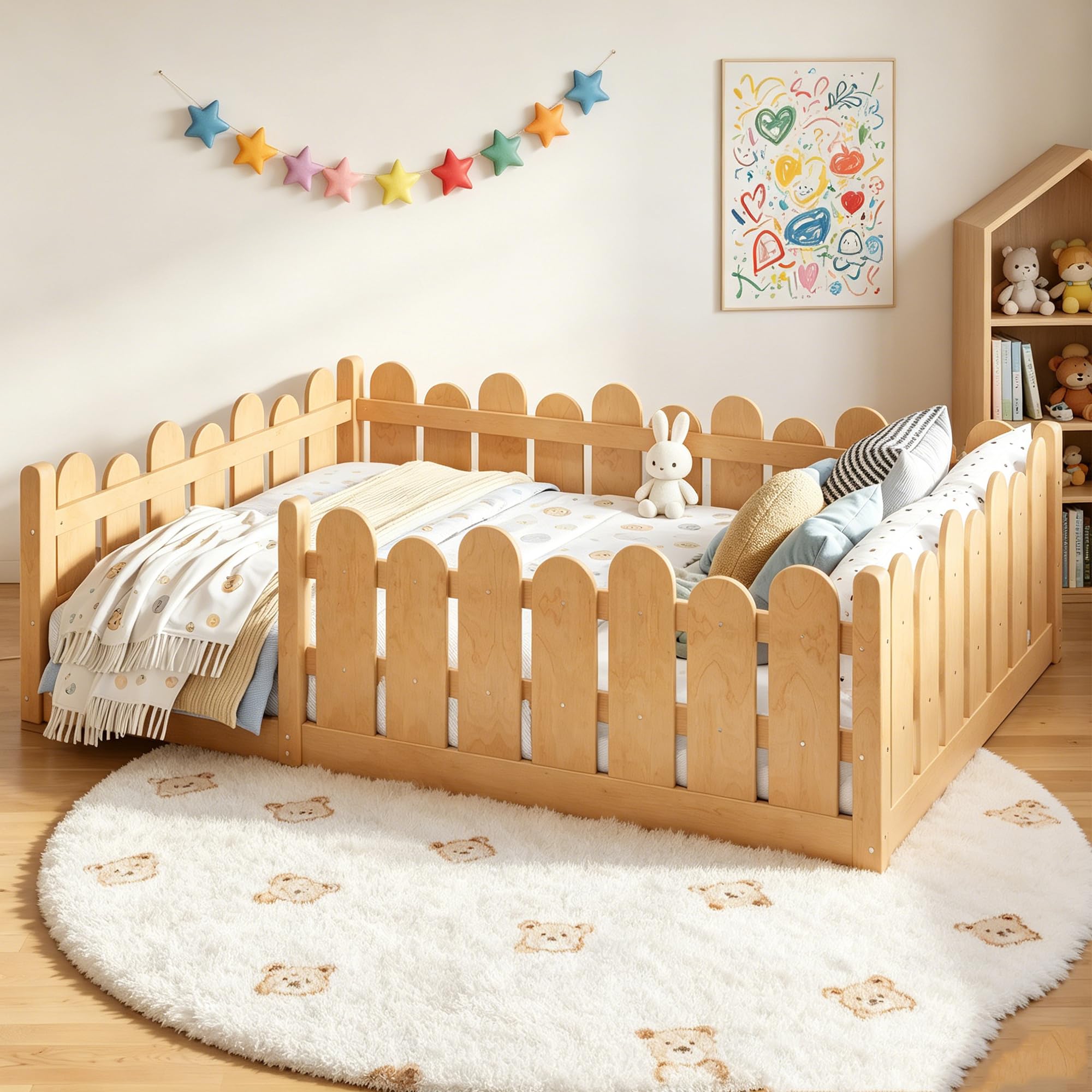 Bellemave Full Montessori Floor Bed with Rounded Safety Guardrail,Natural