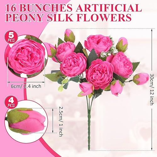 Miniatura 2 de Yunlly Paquete de 16 flores artificiales de peonías sintéticas, ramo de peonías sintéticas de seda, vintage, para boda, hogar, mesa, puerta,