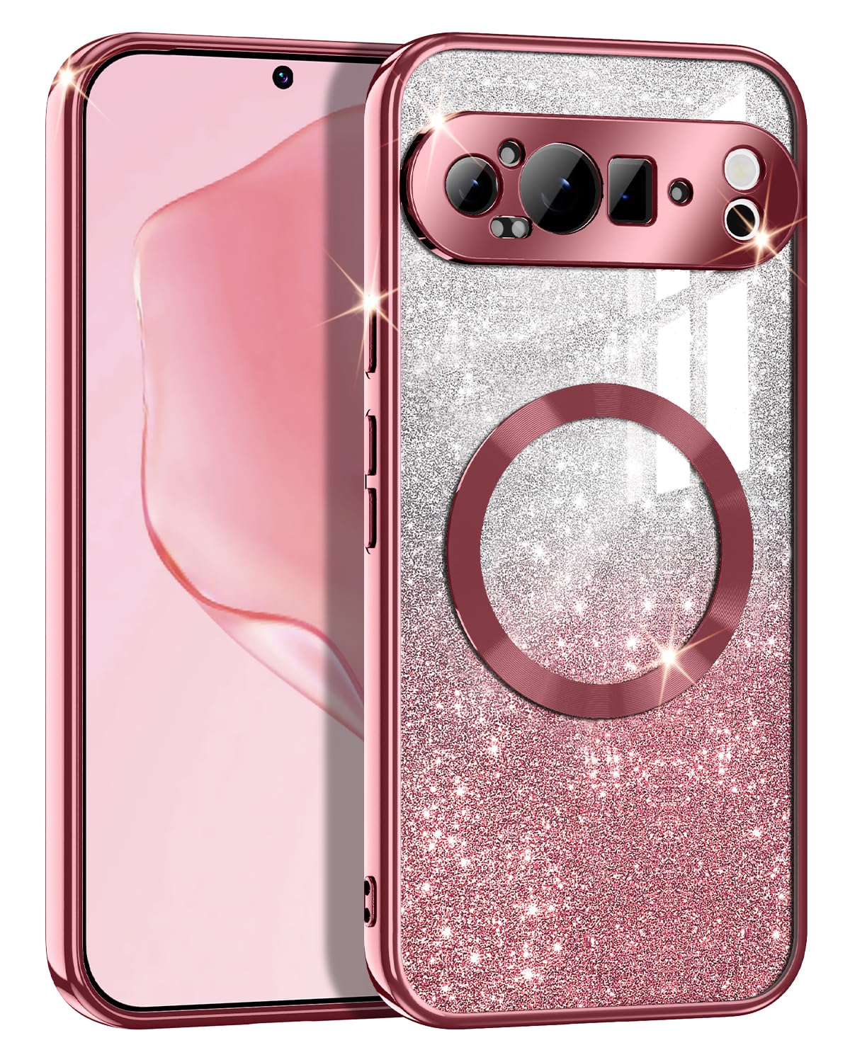Casetego for Google Pixel 9 Pro XL Case,Compatible with MagSafe,Glitter Sparkle Magnetic Plated Slim Shockproof Soft TPU Bumper Full Protection Case for Google Pixel 9 Pro XL,Rose Gold