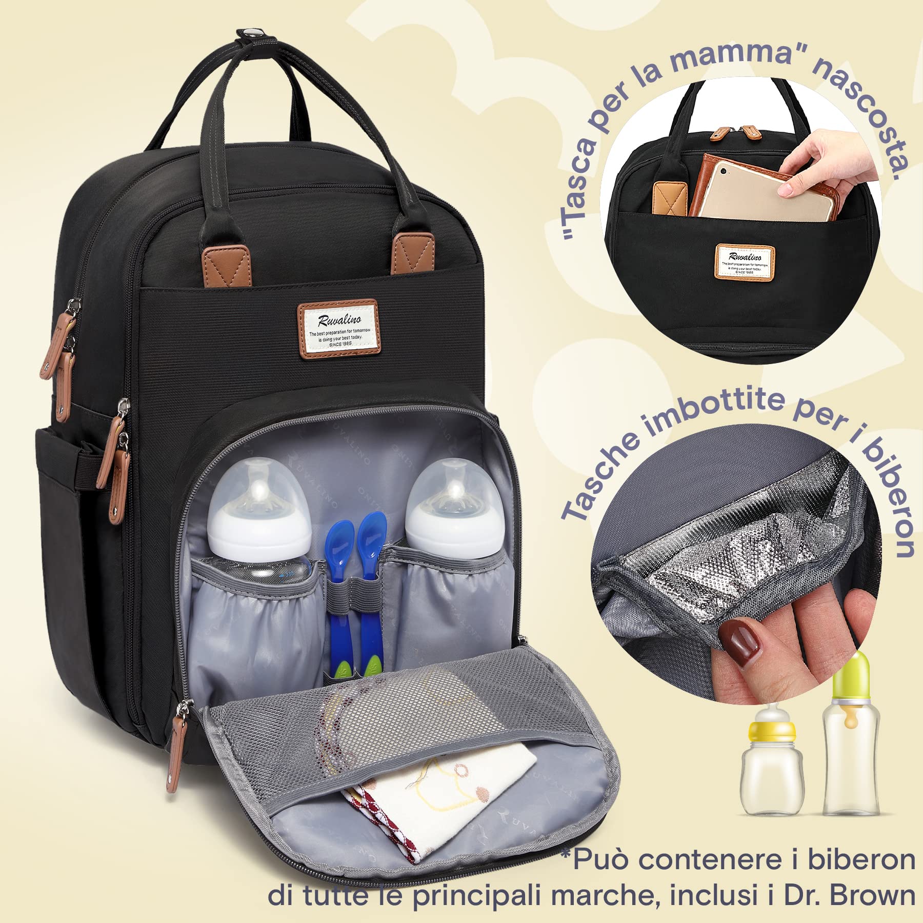 RUVALINO Zaino Fasciatoio per Mamma e Neonato Borsa Fasciatoio per Pannolini, Grande Borsa Maternità con 16 Scomparti, Include Fasciatoio Portatile, Tasca Termica per Biberon