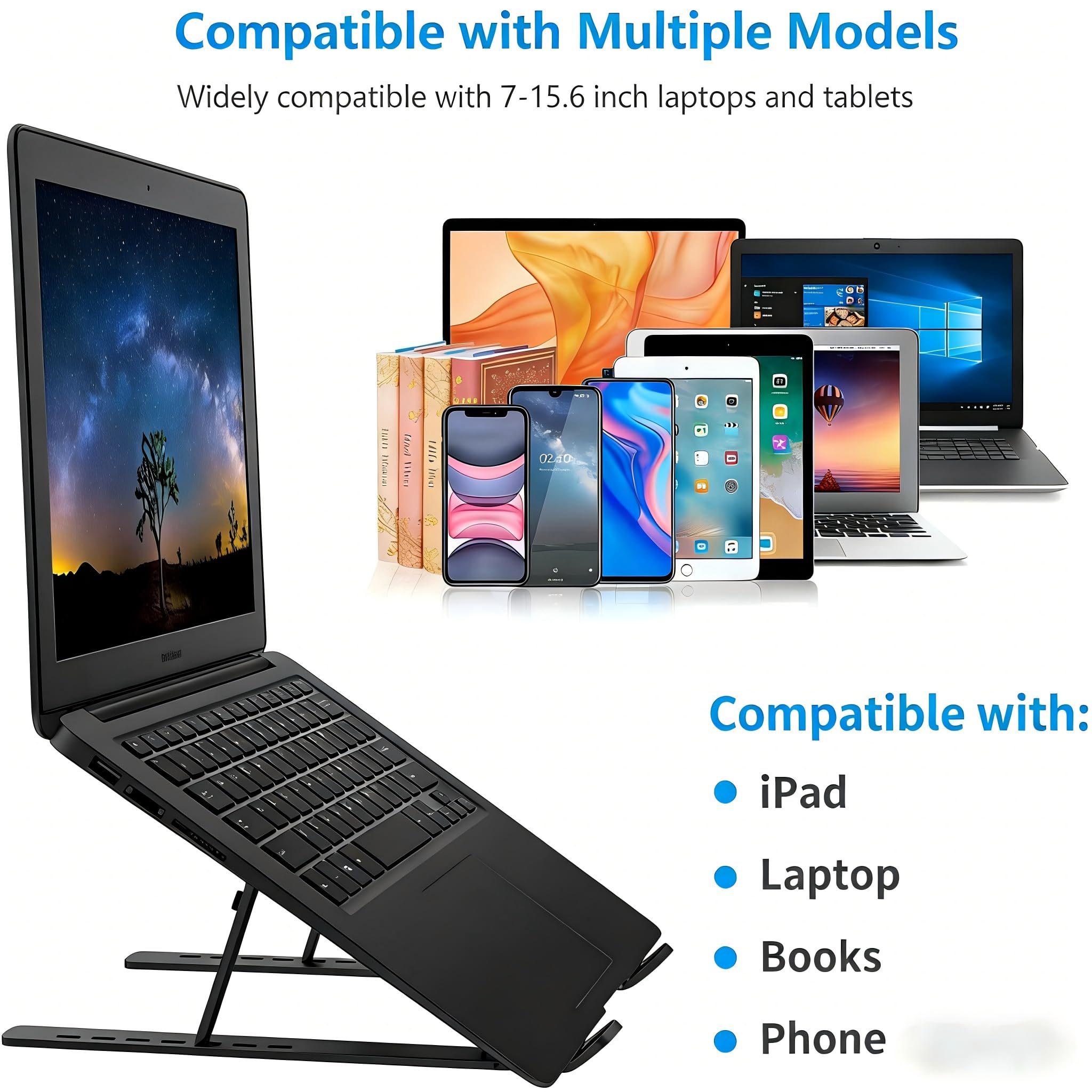 Adjustable Laptop Stand | Aluminum Laptop Riser for Desk | Compatible with MacBook Air/Pro, Dell, HP, Lenovo & All Laptops | Ergonomic Design | Portable & Sturdy (Black)