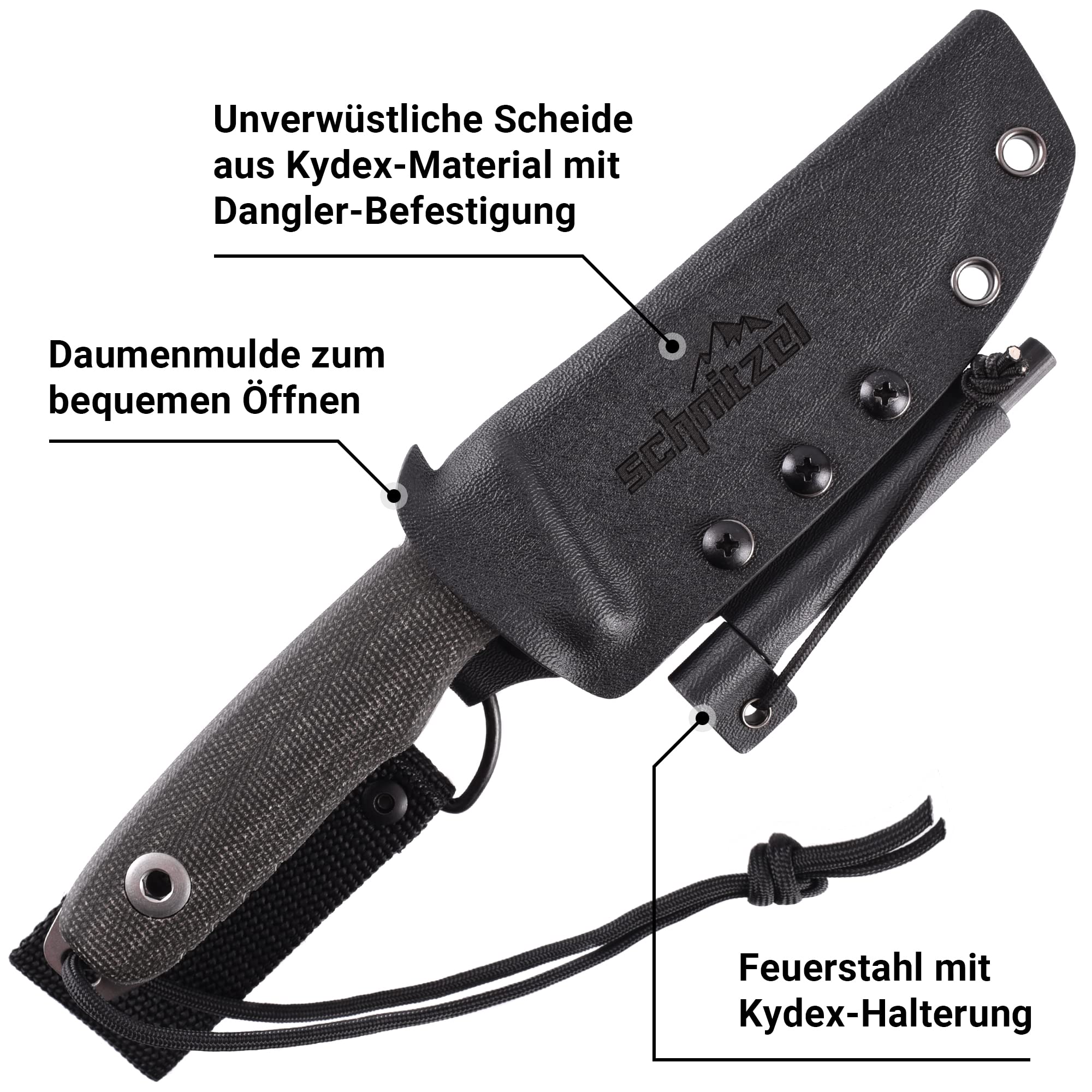 SCHNITZEL TRI Outdoormesser - Special Edition - Sonderedition, Full-Tang | Feststehendes Messer mit ca. 10,4 cm langer Klinge aus CPM 3V Stahl, Micarta Griff, Kydex Scheide mit Dangler-Tragesystem