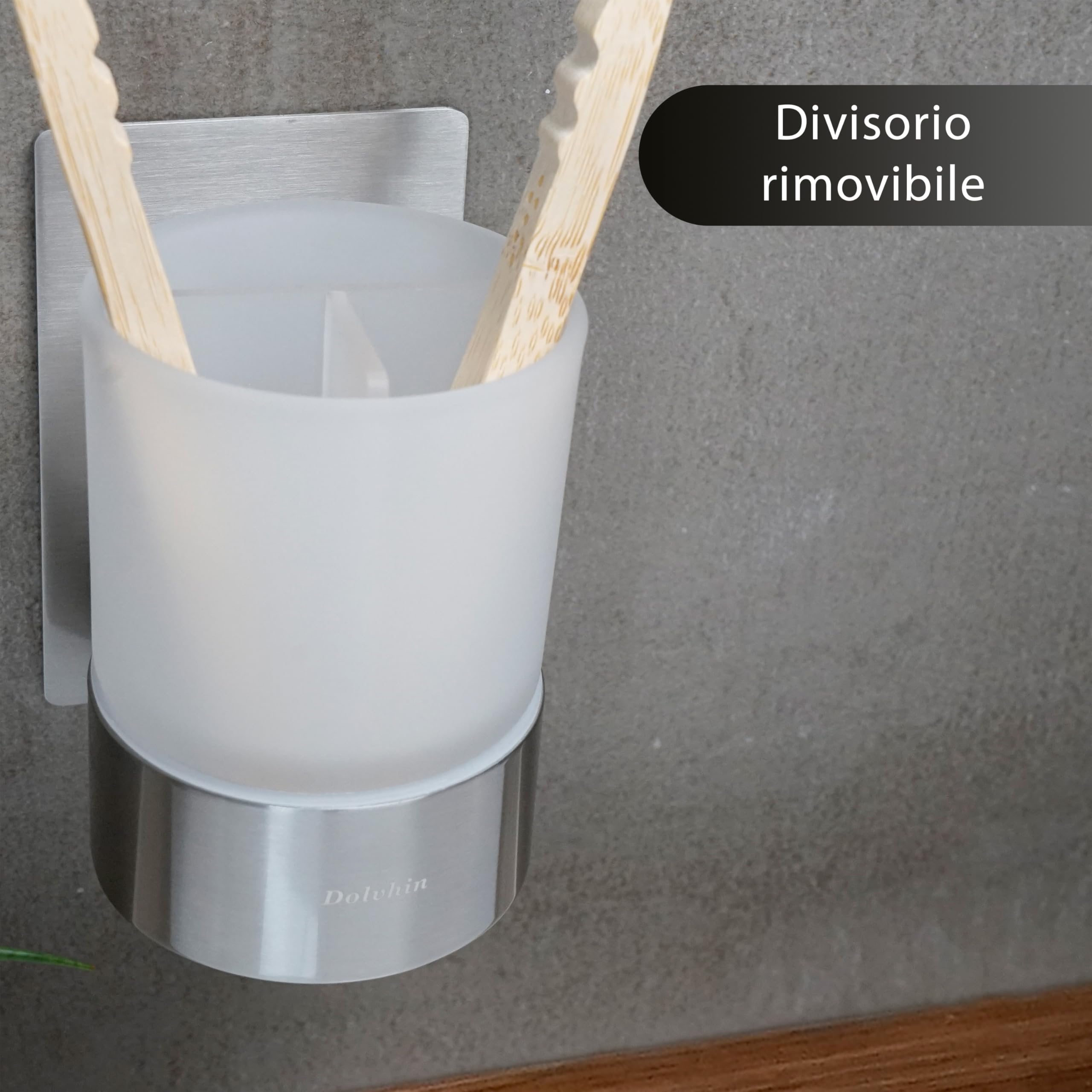 Set Dispenser Sapone e Bicchiere Bagno | Dosatore Liquido & Portaspazzolino Vetro Satinato | Supporto Inox Senza Forare | Dispenser Adesivo da Parete | Set Accessori Bagno | Grigio Argento