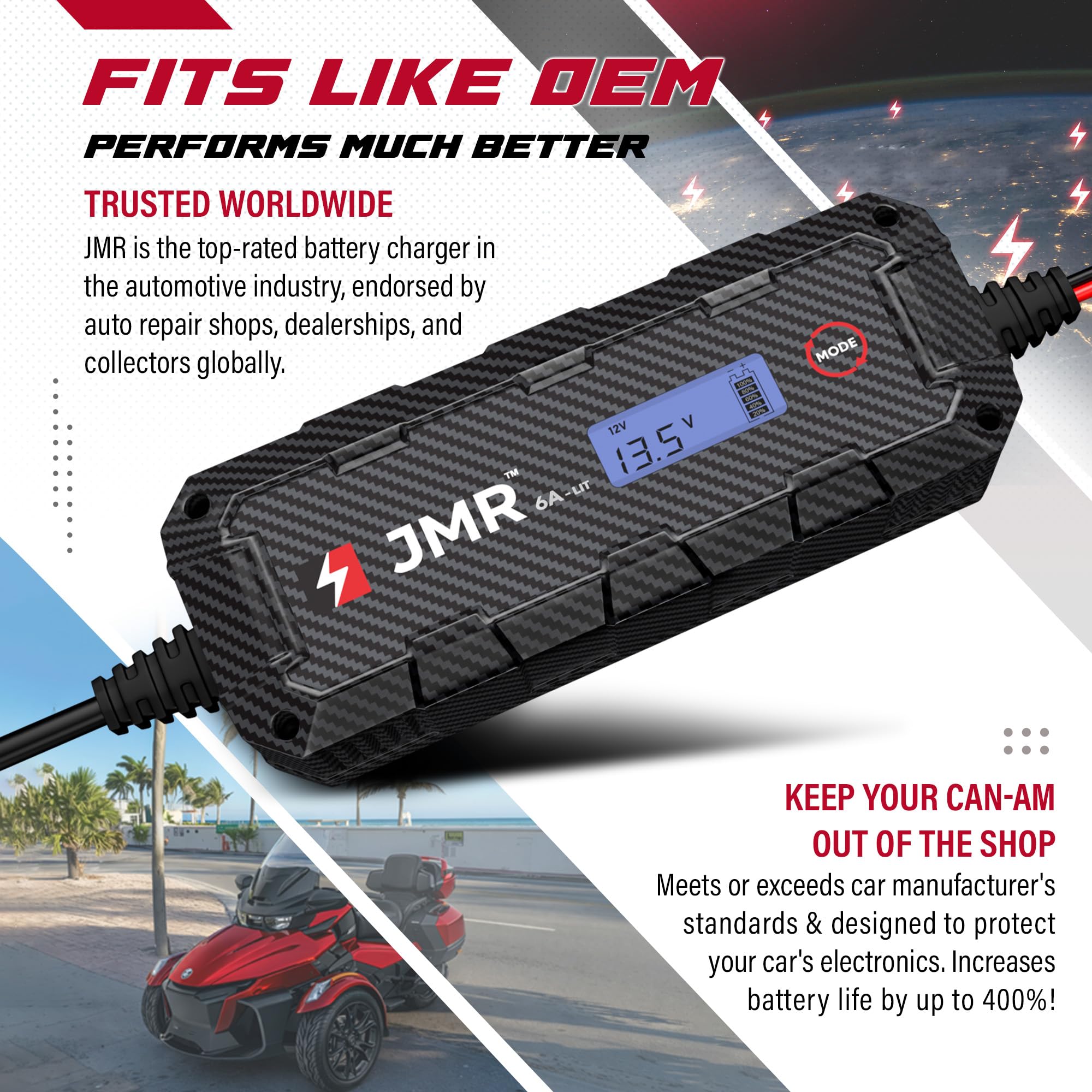 JMR Battery Charger for Can-am Spyder Maverick Defender Commander Ryker Outlander Renegade All Models Trickle Charger Conditioner Maintainer (Add Lithium Mode)