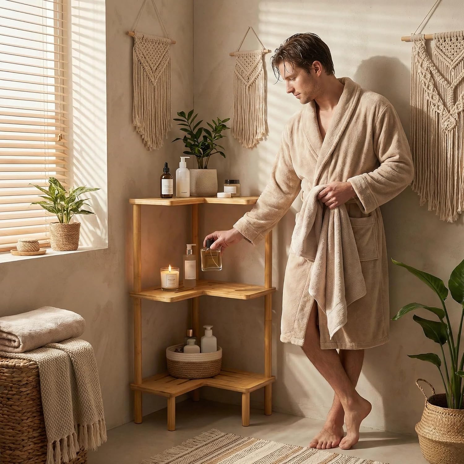 Bamboo Corner Shower Caddy Stand 3-Tier, Standing Shower Organizer with Anti-Slip Feet, Waterproof & Durable Bathroom Shower Shelf, Space-Saving Design Storage for Kitchen or Living Room