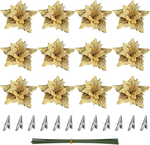 Miniatura 1 de Toyvian 12 flores de Pascua artificiales doradas con purpurina para decoración de Navidad con clips y tallos para adornos de árbol de Navidad,