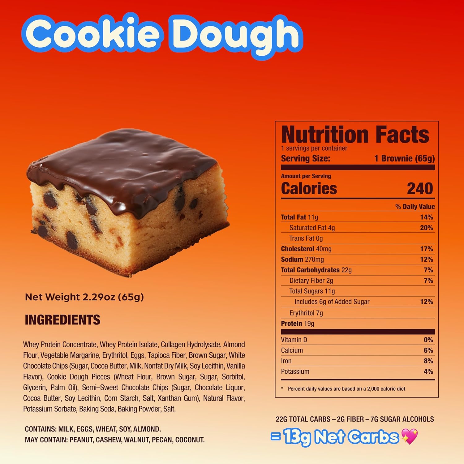 Prime Bites High Protein Brownie (12 Per Box, Cookie Dough Bites) - 19g of Protein, 5g of Collagen, Gluten Free, Low Sugar Treat, Delicious Protein Snack