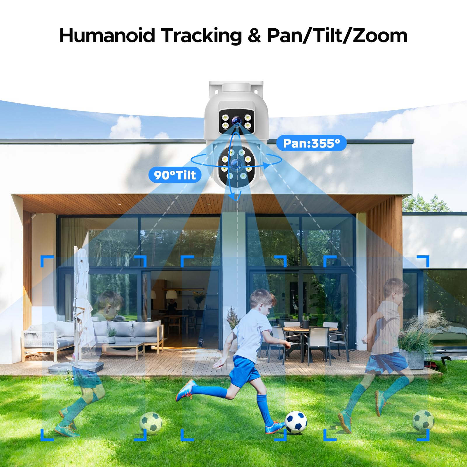 CAMCAMP 4MP Kit Videosorveglianza POE Doppia Lente, 8CH NVR Kit Telecamere Videosorveglianza POE con 500GB HDD,4X2K PTZ Telecamera IP,Visione Notturna a Colori,Rilevamento Movimento,Auto Tracciamento