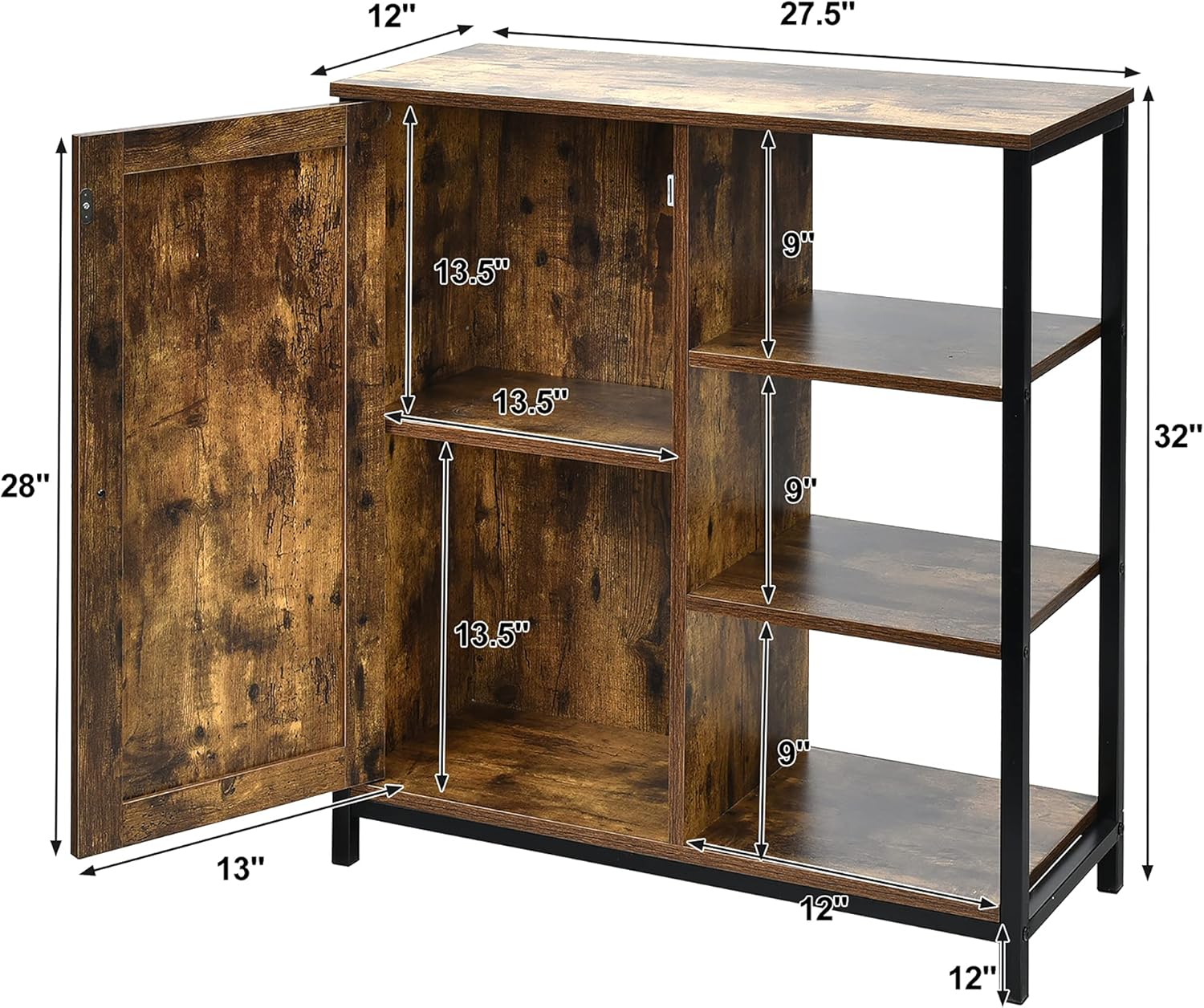 DORTALA Industrial Storage Cabinet, Free Standing Cupboard w/3 Open Shelves & Door, Multifunctional Floor Cabinet Sideboard w/Metal Frame for Living Room, Kitchen, Hallway, Bathroom, Kitchen