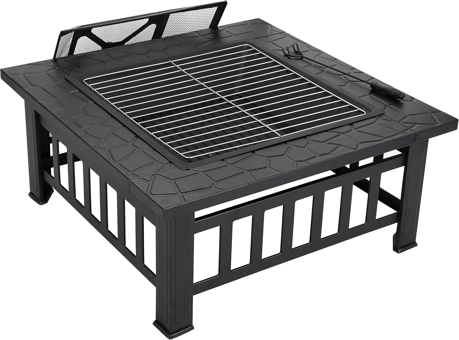 32 Inch Outdoor Fire Pit with Spark Screen Lid and Waterproof Cover, Square Metal Firepit Backyard Patio BBQ Garden Stove Fireplace for Camping Trip, Outside Wood Burning and Picnic