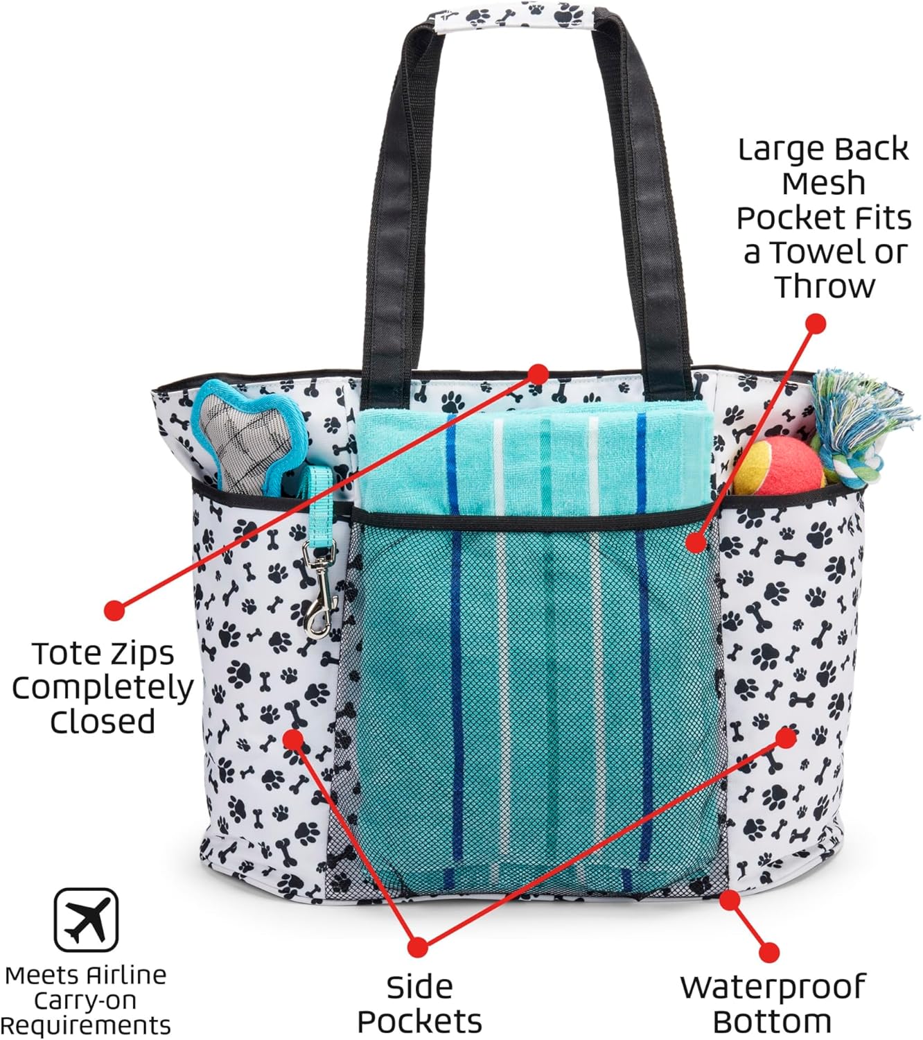 Mobile Dog Gear, Dogssentials Dog Tote Large Travel Bag, Includes Lined Food Carrier and Clear Wristlet Pouch, Meets Airline Requirements, 19 Inches x 17 Inches, Black/White Paw Bone Print