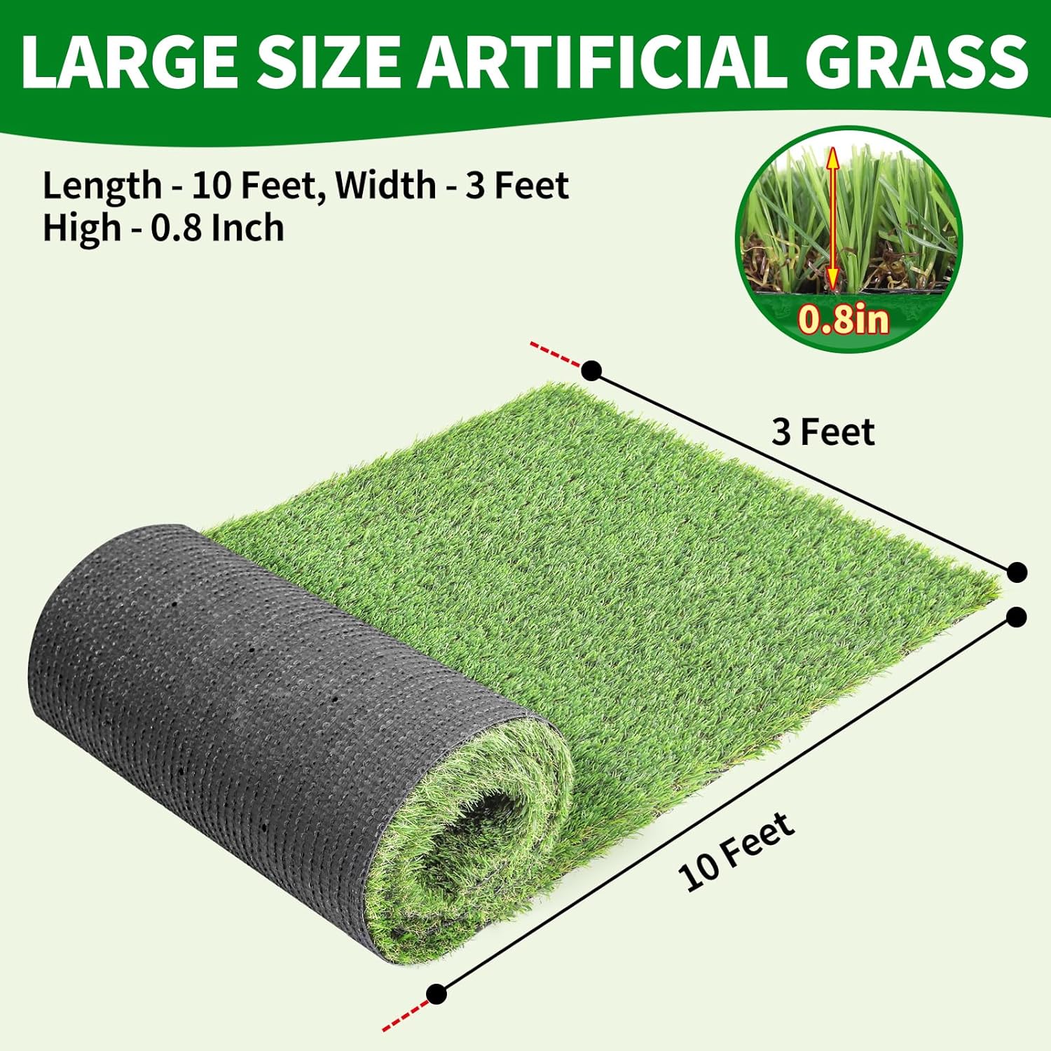 LFL Artificial Grass Turf 3 Feet X 10 Feet, Outdoor Faux Fake Grass Rug with Drainage Holes, 0.8" Height Perfect Artificial Grass Turf for Garden Lawn Balcony Pet Landscape Decoration