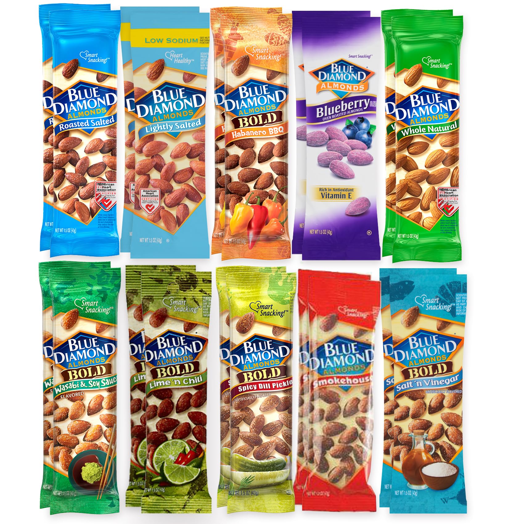 Almond Variety Packs, 10 Flavors (2 Bags Each), 1.5 Ounce Bags (Pack of 20)