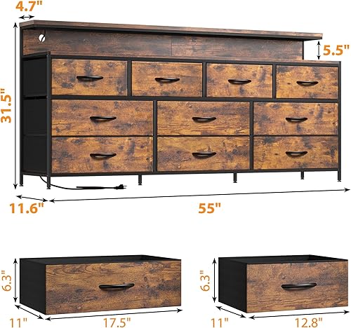 Miniatura 3 de Cómoda de 55 pulgadas de ancho para dormitorio con 10 cajones de tela, cómoda larga con luces LED y tomas de corriente, cómodas anchas y cajoneras,